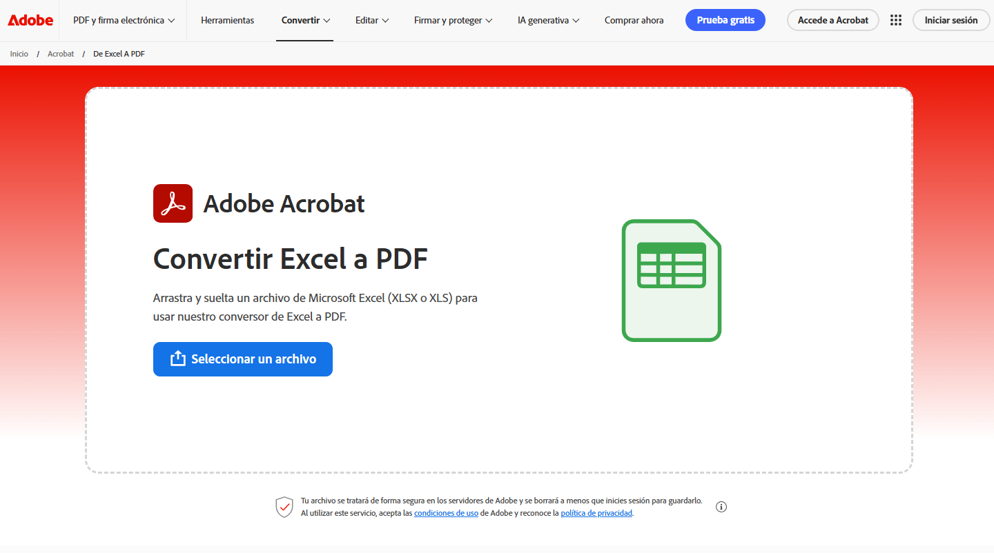 Adobe Acrobat online — Excel a PDF con alta fidelidad de formato