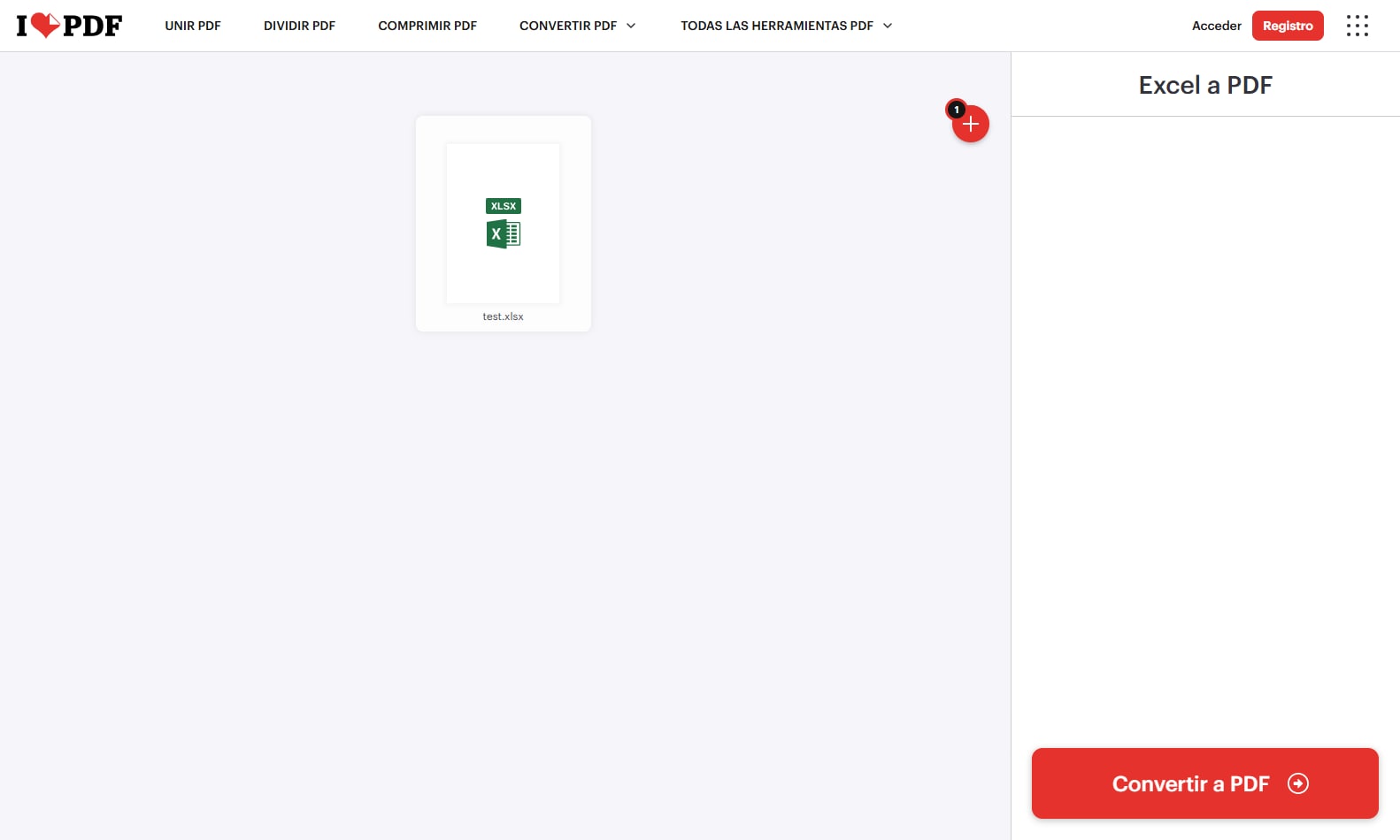 iLovePDF — Excel a PDF con orientación ajustable