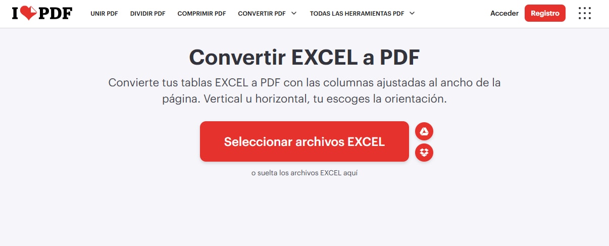Abrir la herramienta Excel a PDF de iLovePDF
