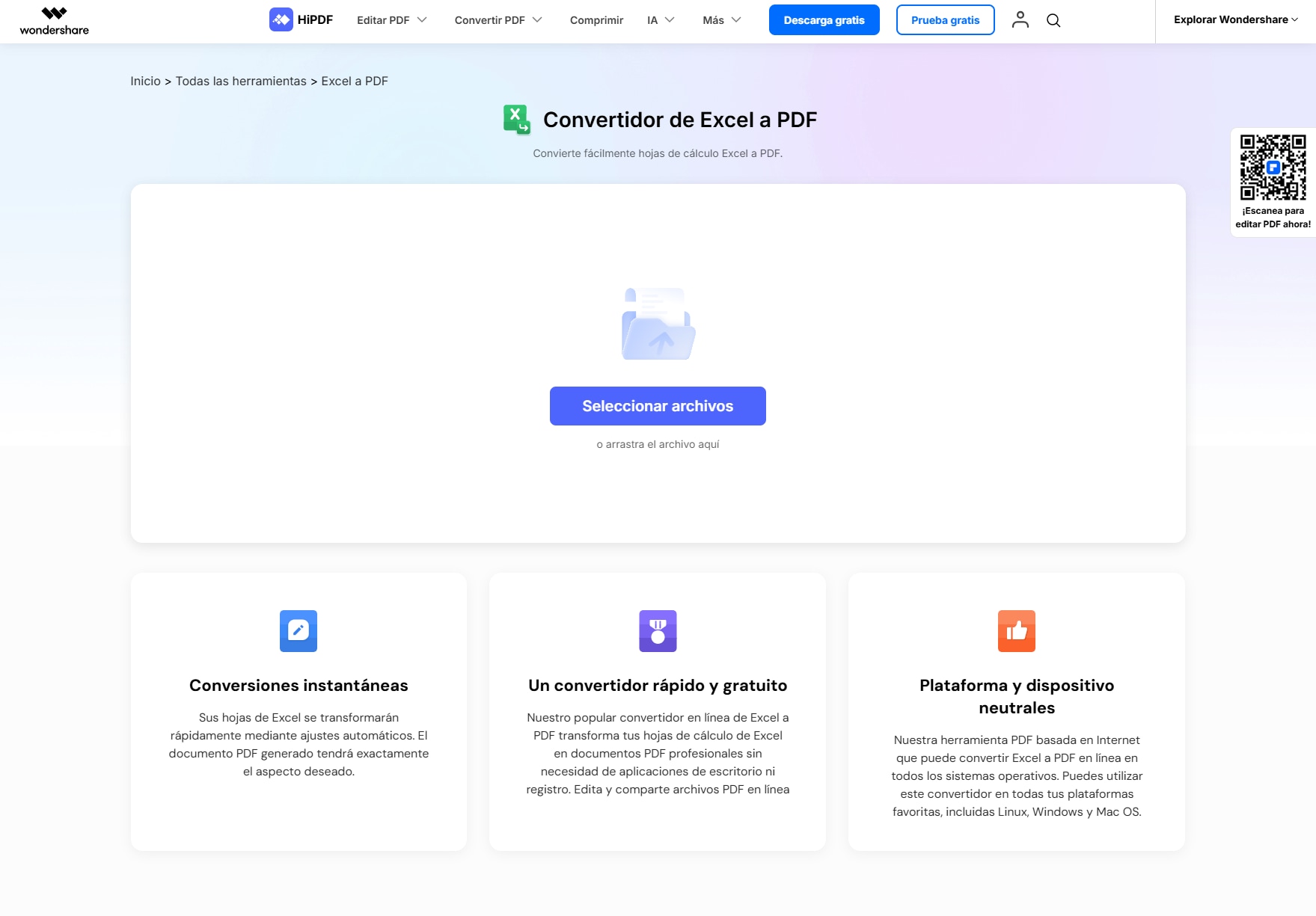 HiPDF — Convertir Excel a PDF sin correo electrónico