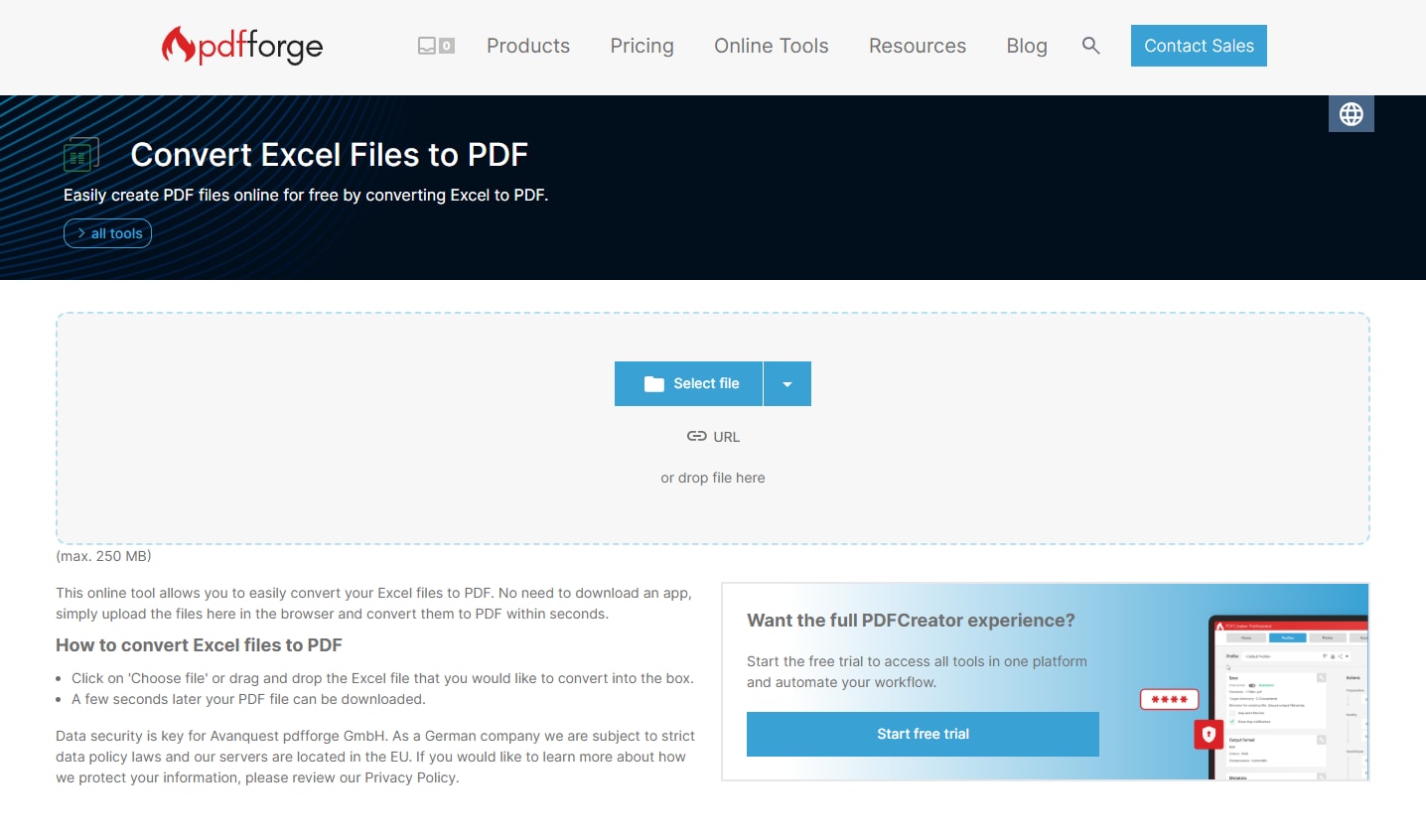 PDFforge conversor de Excel a PDF de gran tamaño