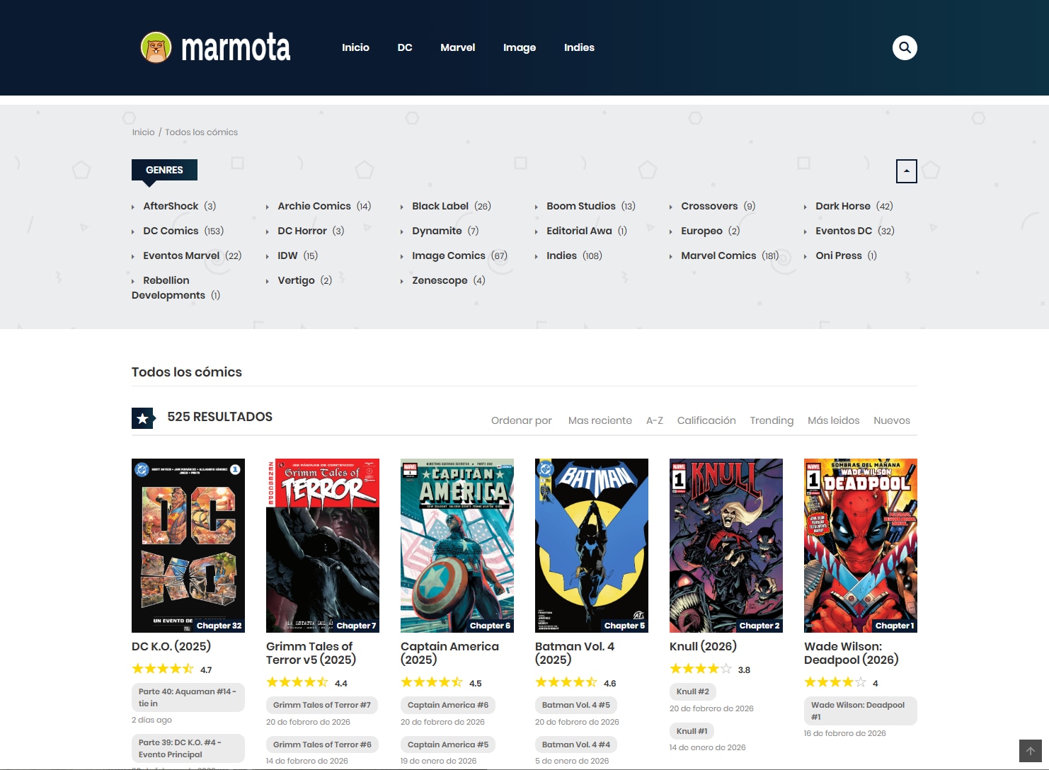 Interfaz de Marmota Comics para leer y descargar cómics en PDF