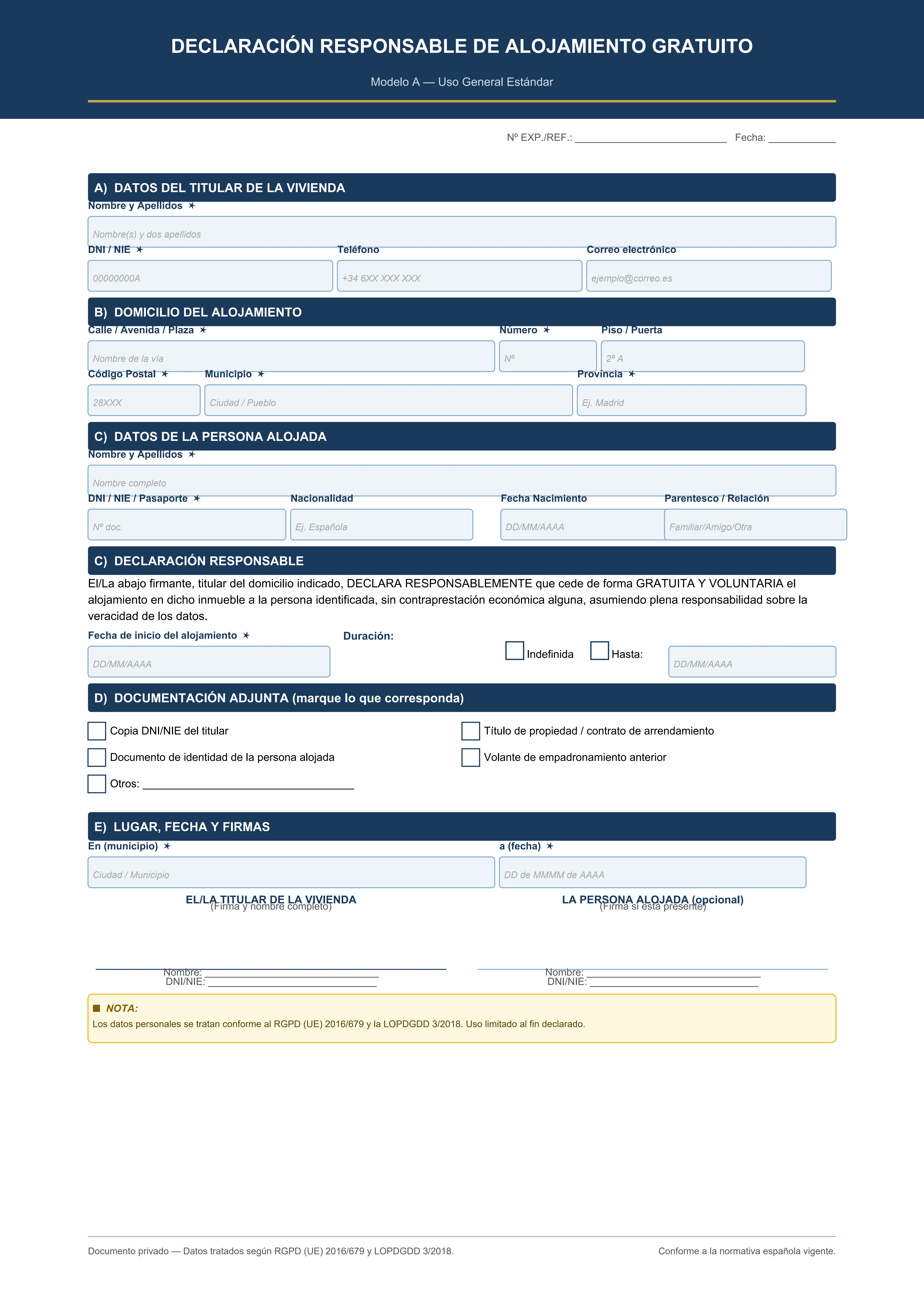 Declaración responsable de alojamiento gratuito — modelo general estándar A4