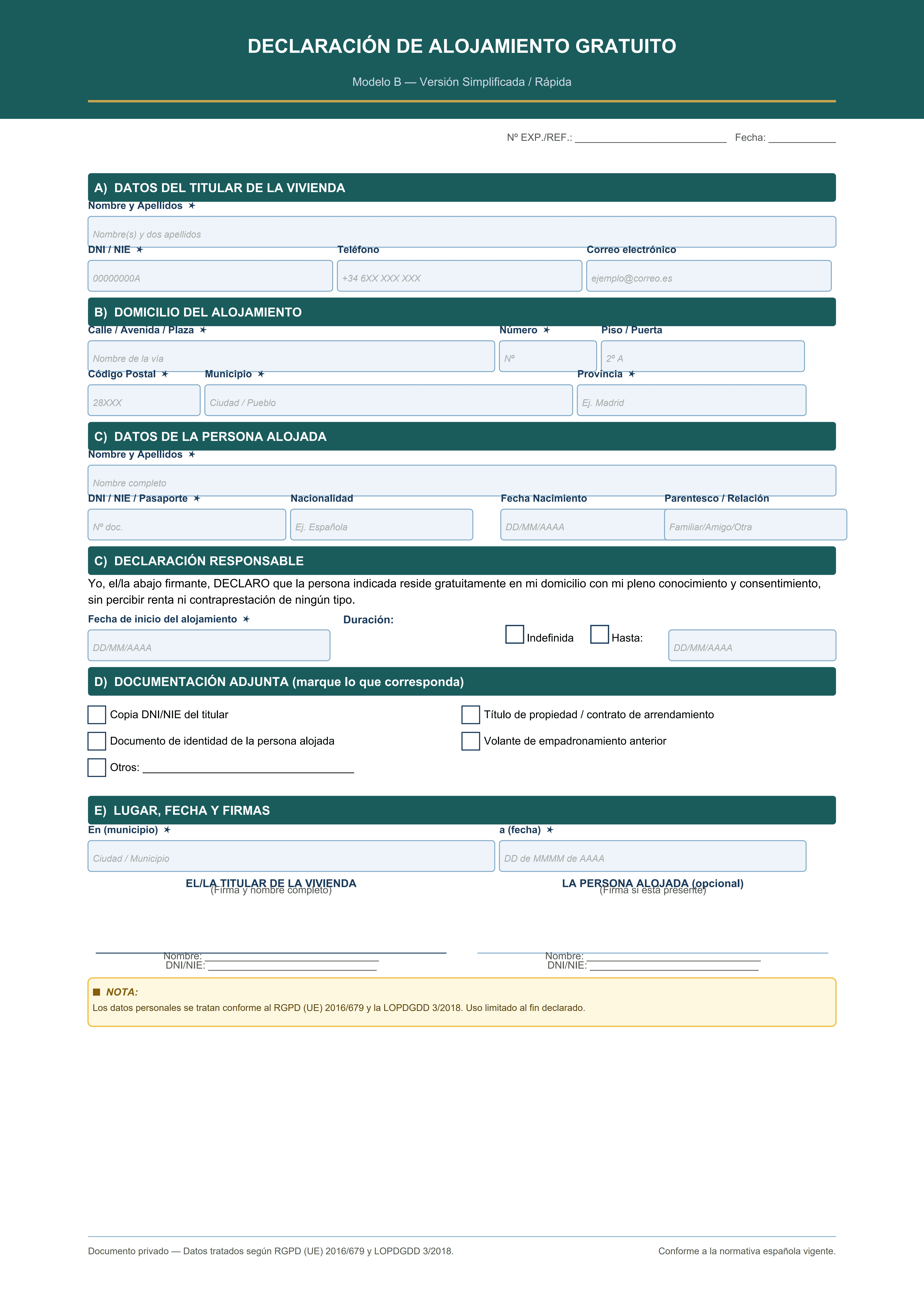 Modelo de alojamiento gratuito versión simplificada para rellenar rápido