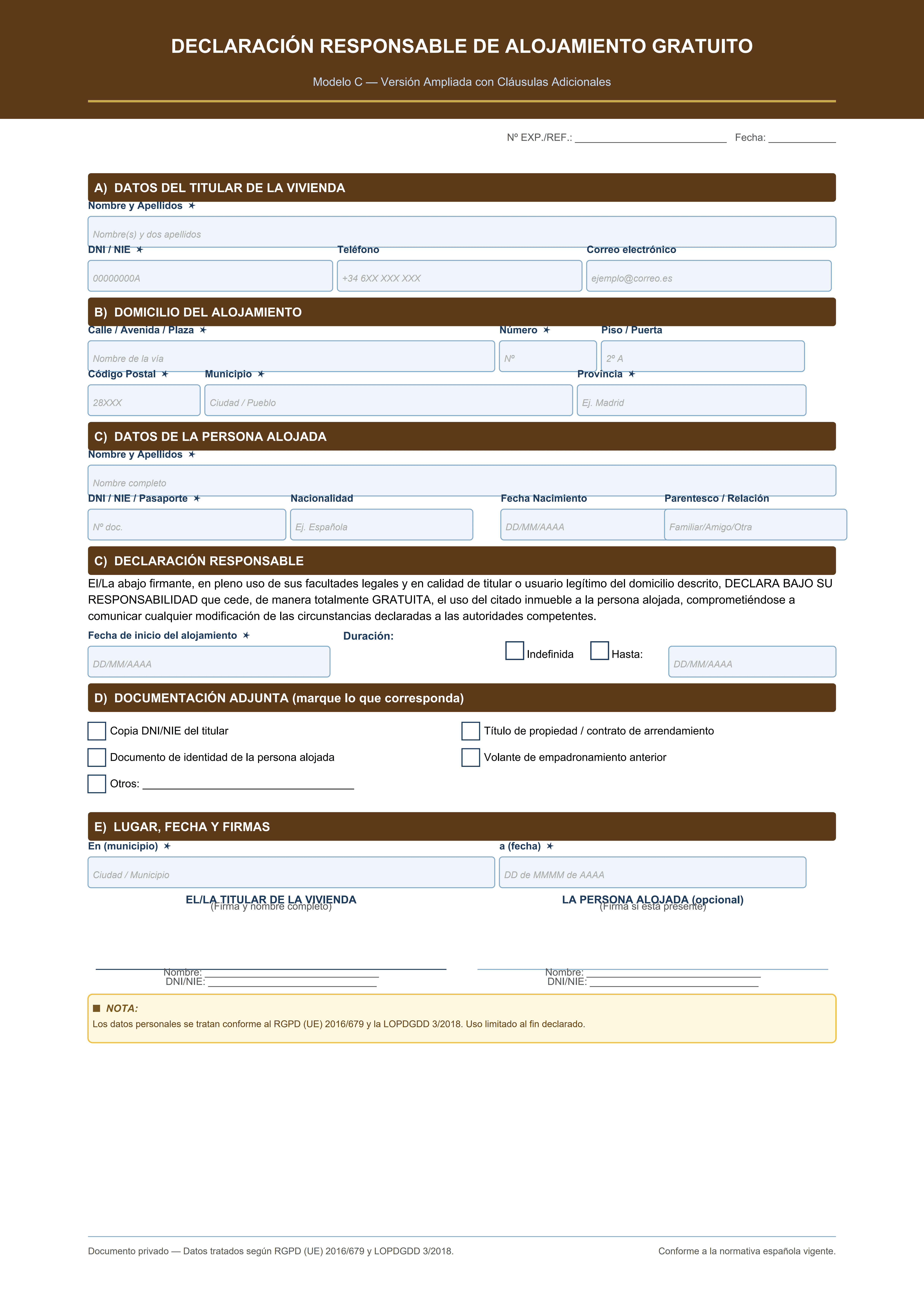 Declaración de alojamiento gratuito con cláusulas adicionales y compromisos legales