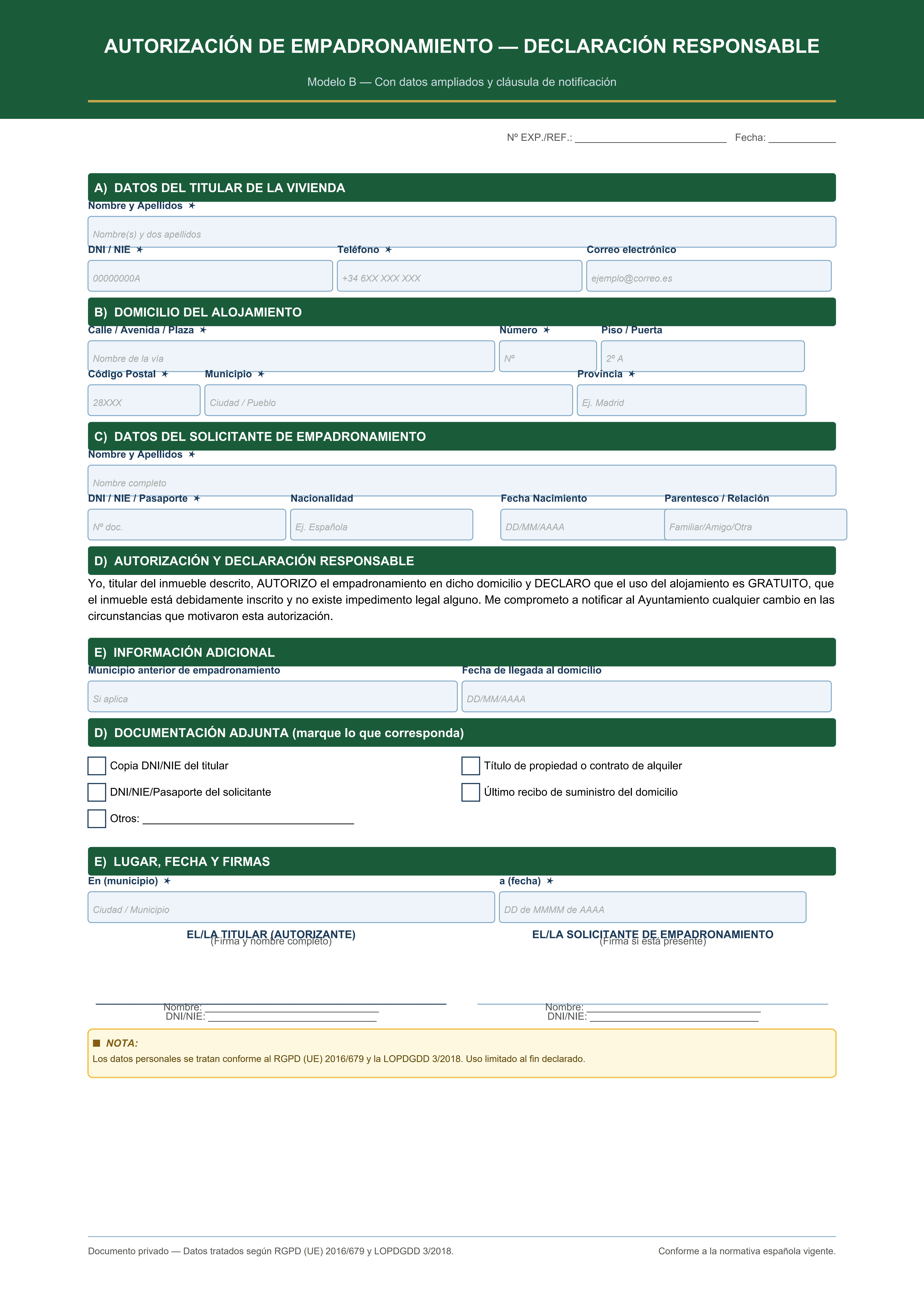 Autorización empadronamiento con datos ampliados y cláusula de notificación al Ayuntamiento