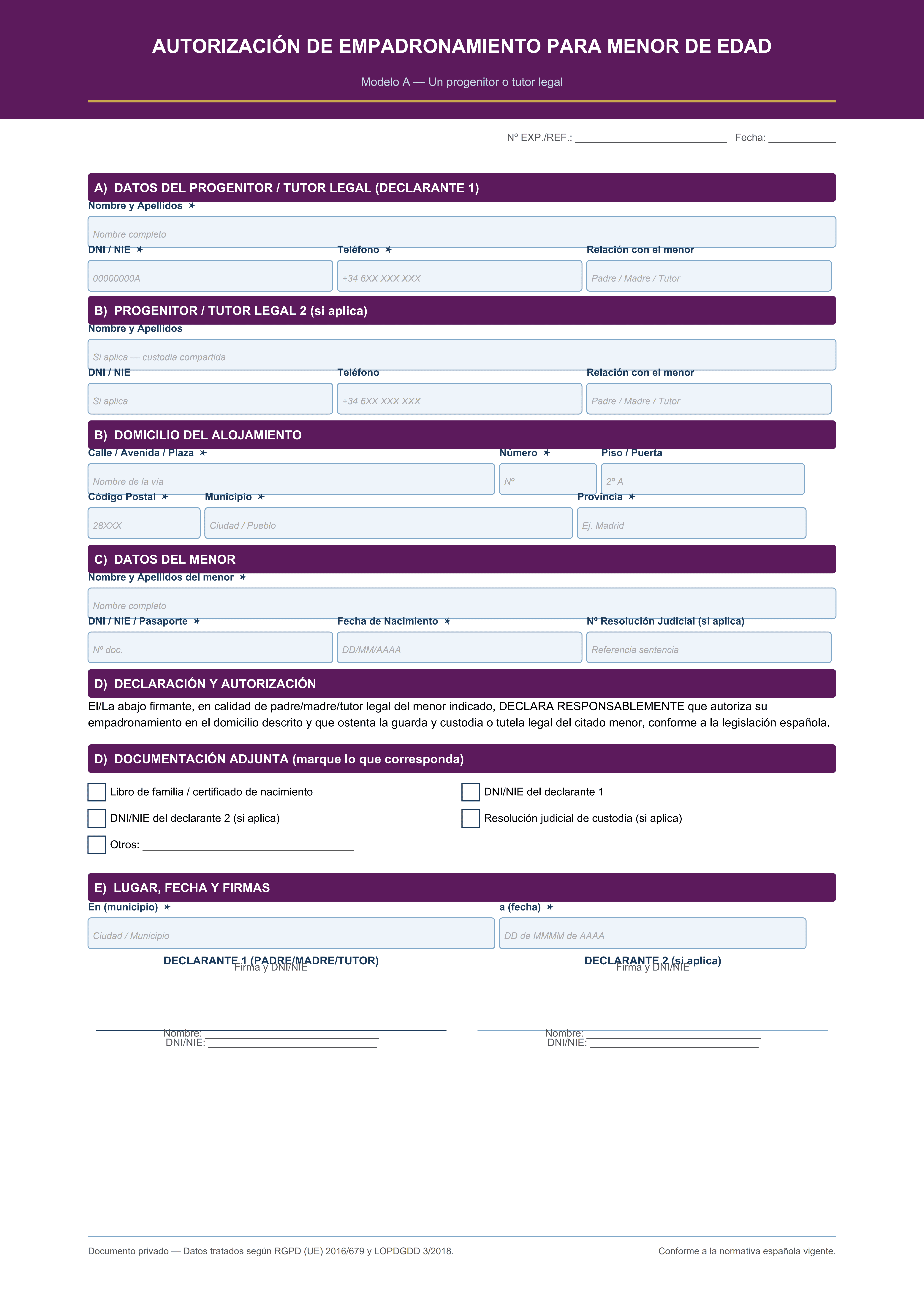 Autorización empadronamiento menor de edad con un progenitor o tutor legal