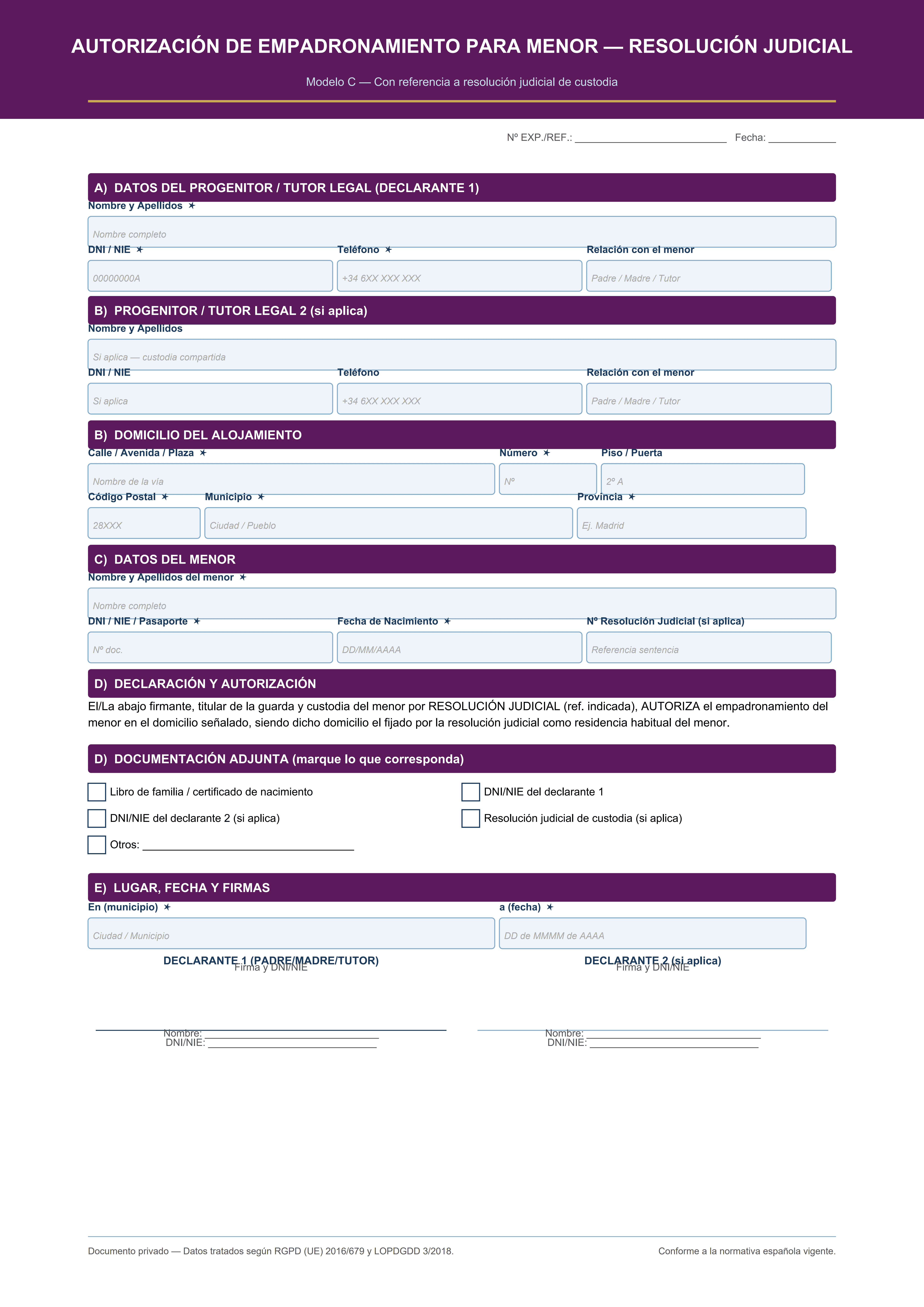 Autorización empadronamiento menor con referencia a sentencia judicial de custodia
