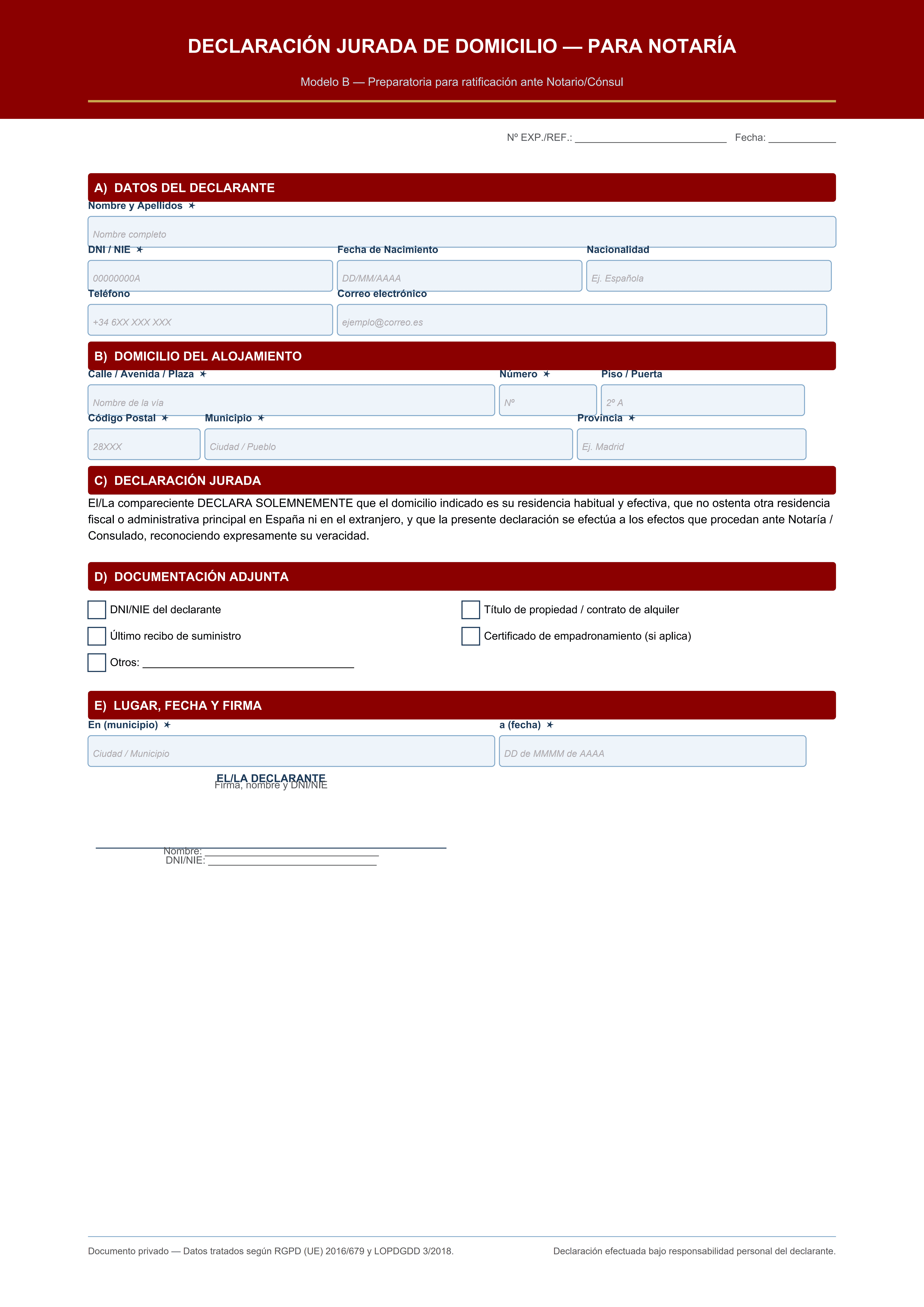 Declaración jurada de domicilio preparatoria para Notaría o Consulado español