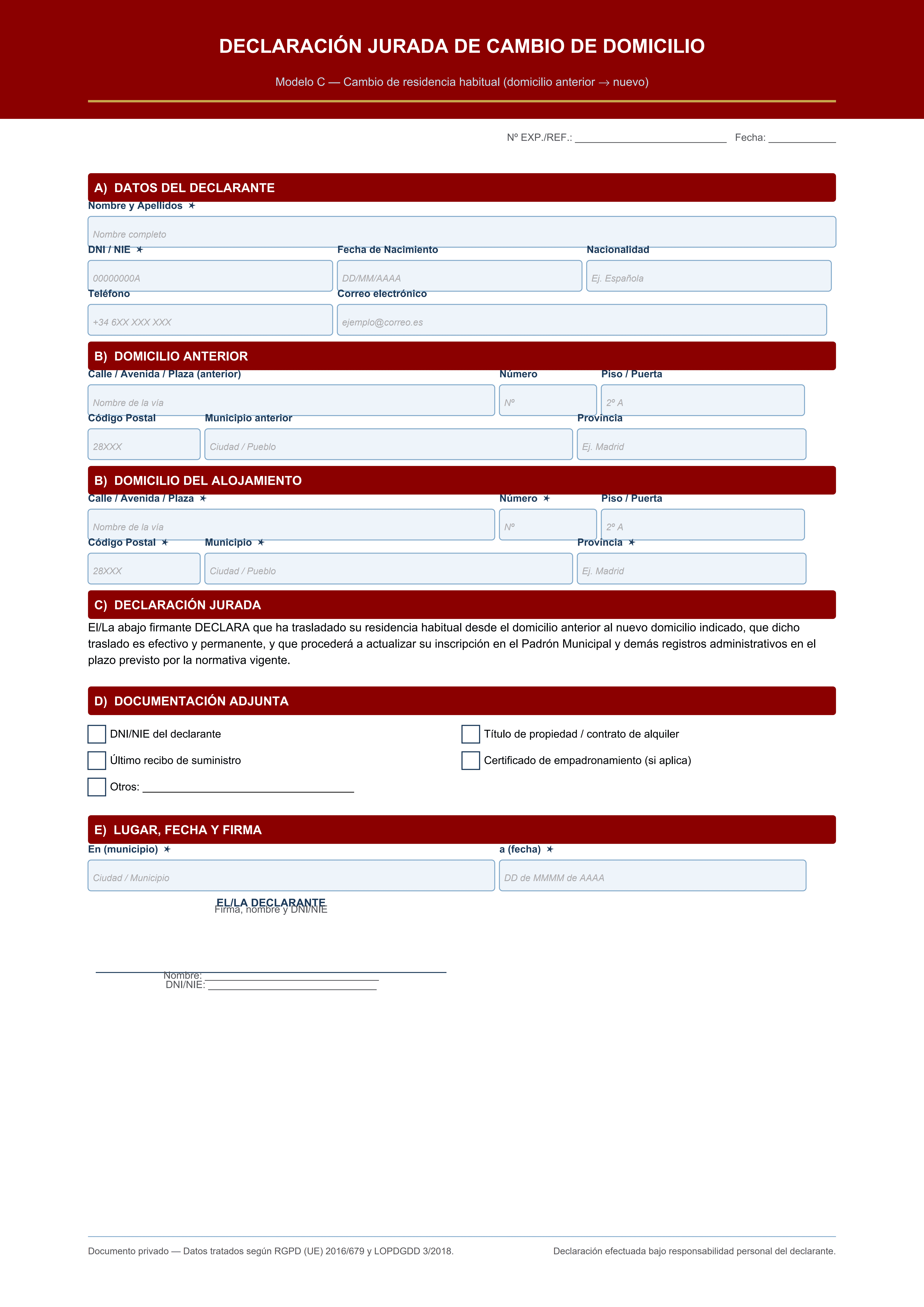 Declaración jurada de cambio de domicilio traslado de residencia habitual