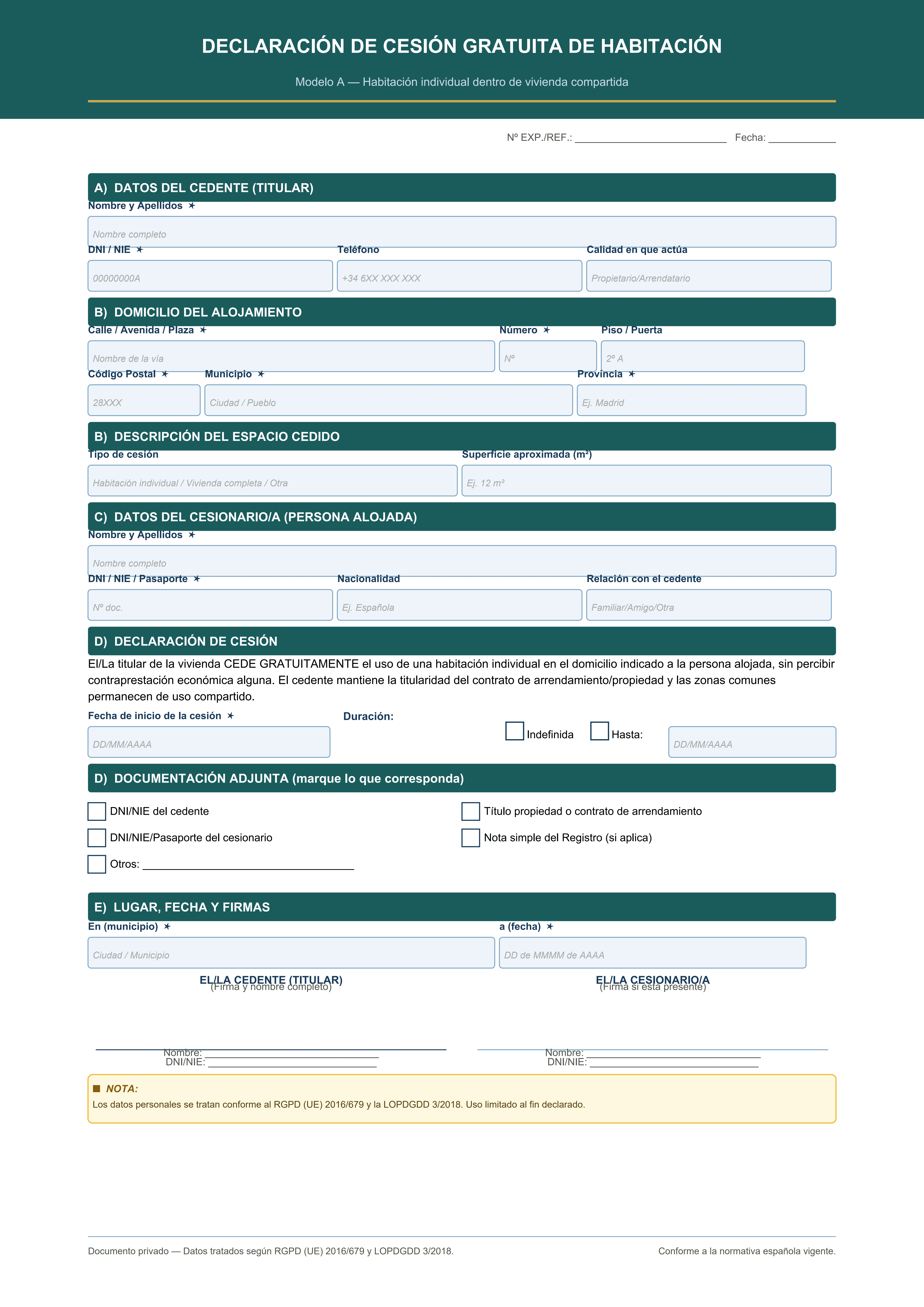 Declaración cesión gratuita habitación individual en vivienda compartida PDF