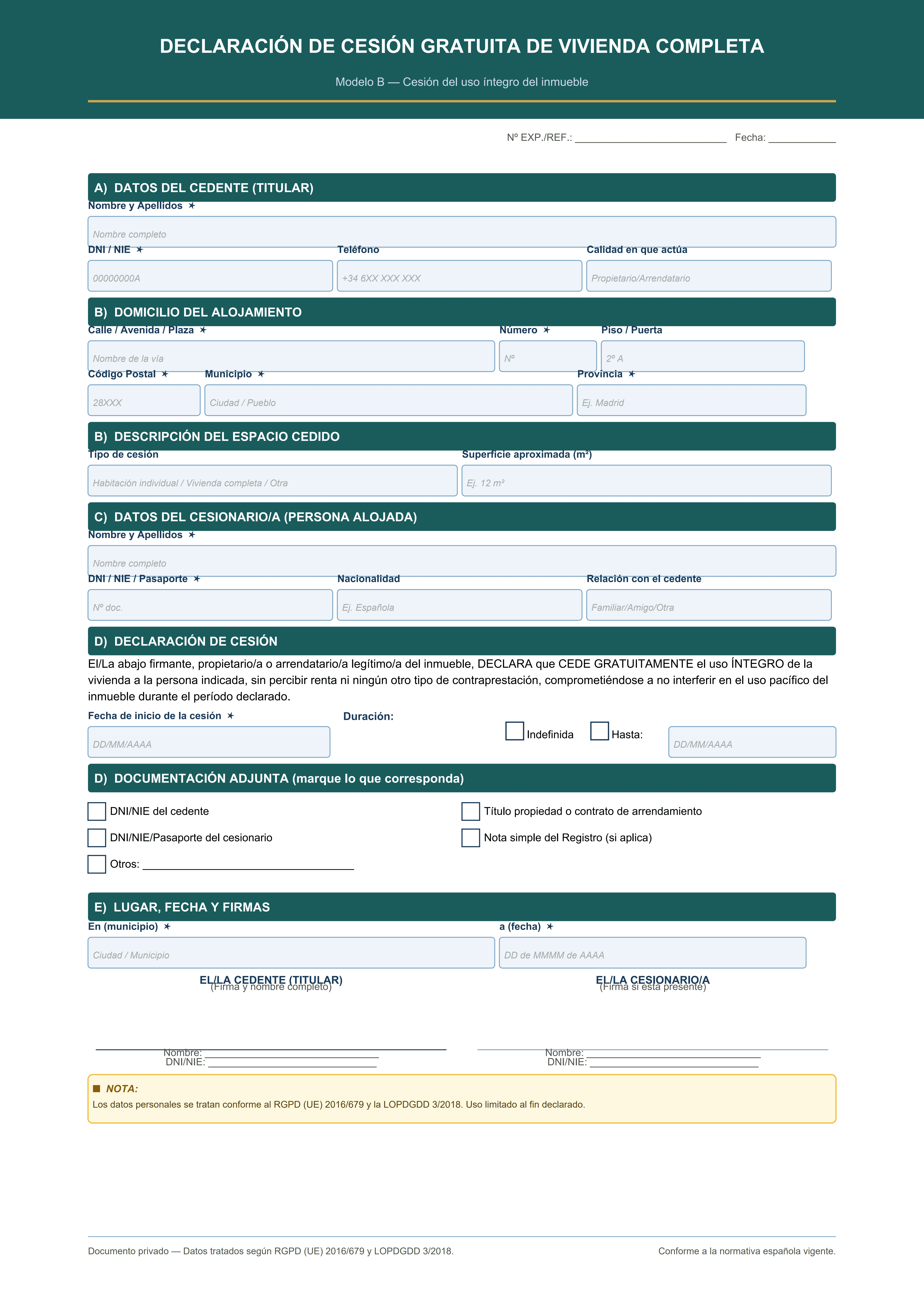 Cesión gratuita de vivienda completa sin renta ni contraprestación modelo PDF