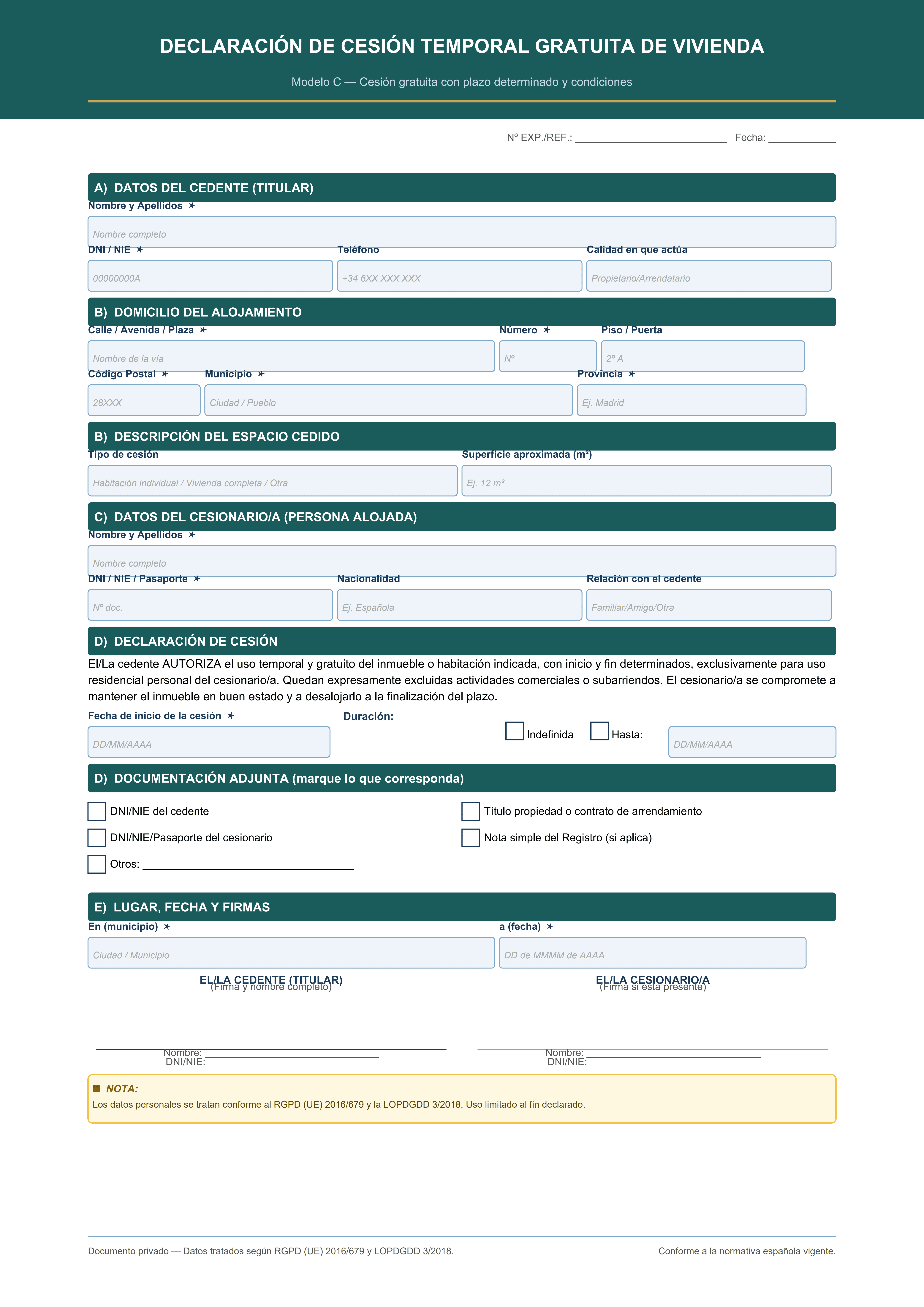 Cesión gratuita temporal de vivienda con plazo determinado y condiciones de uso