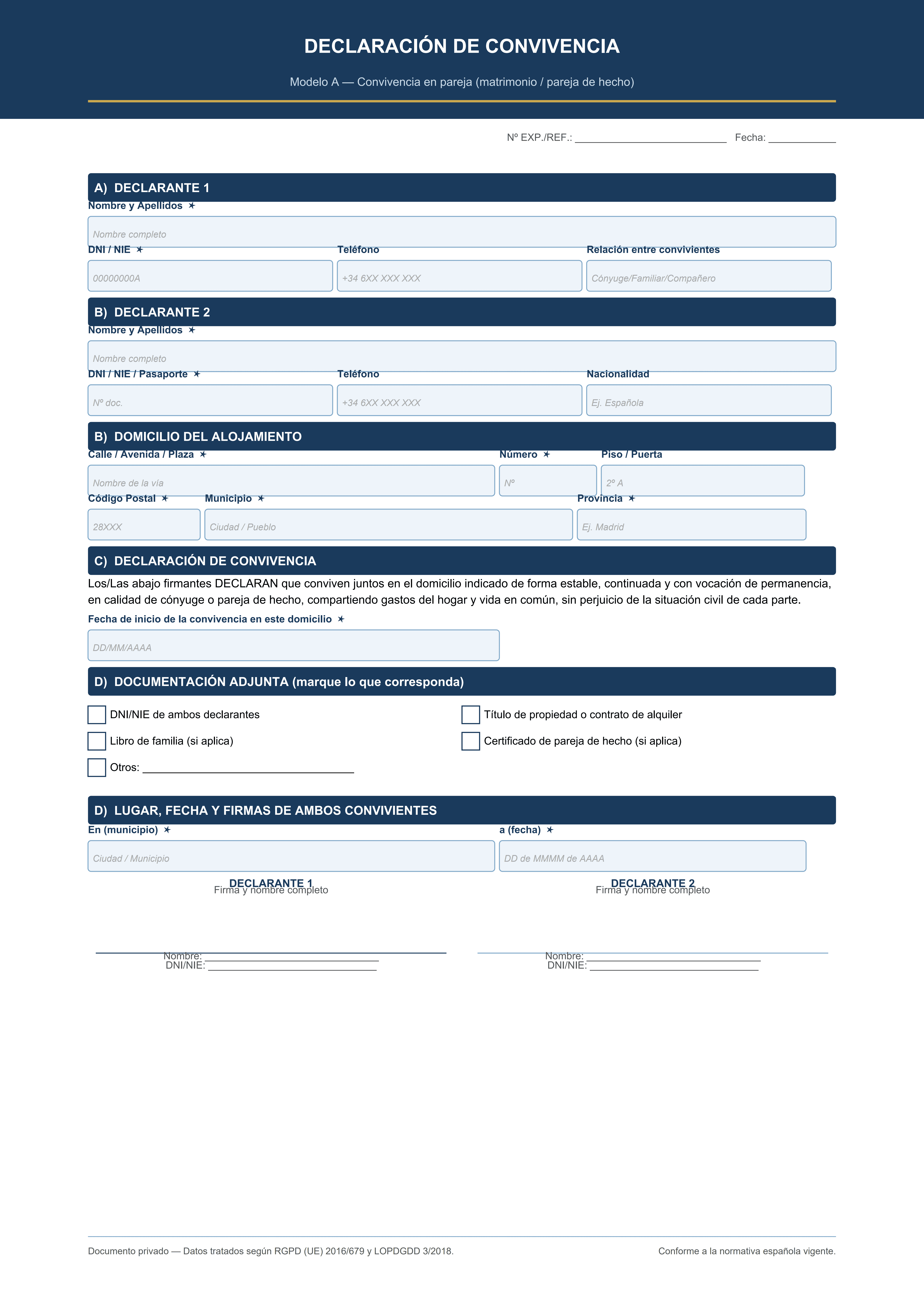 Declaración de convivencia en pareja matrimonio o pareja de hecho PDF