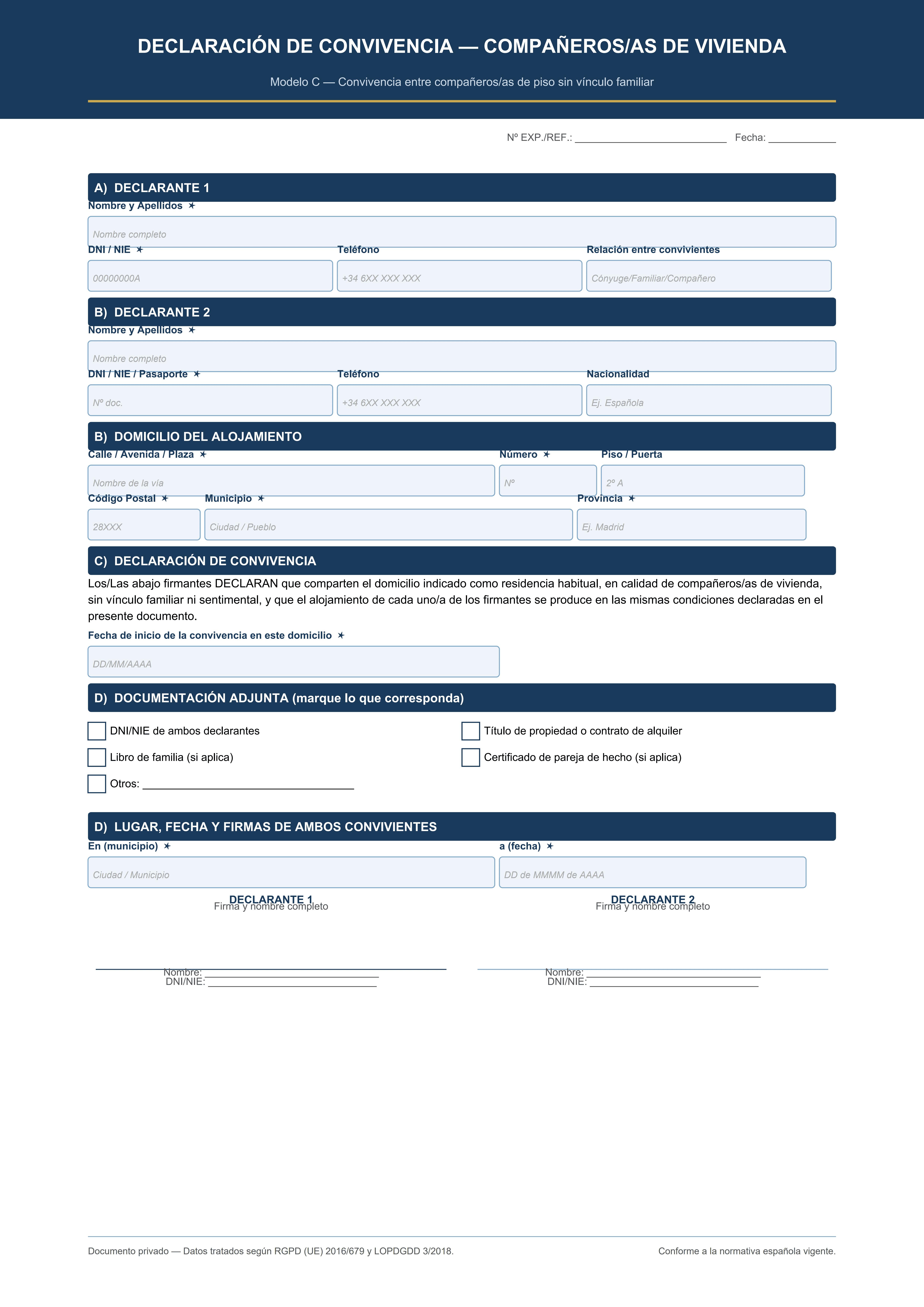 Declaración de convivencia compañeros de piso sin vínculo familiar PDF