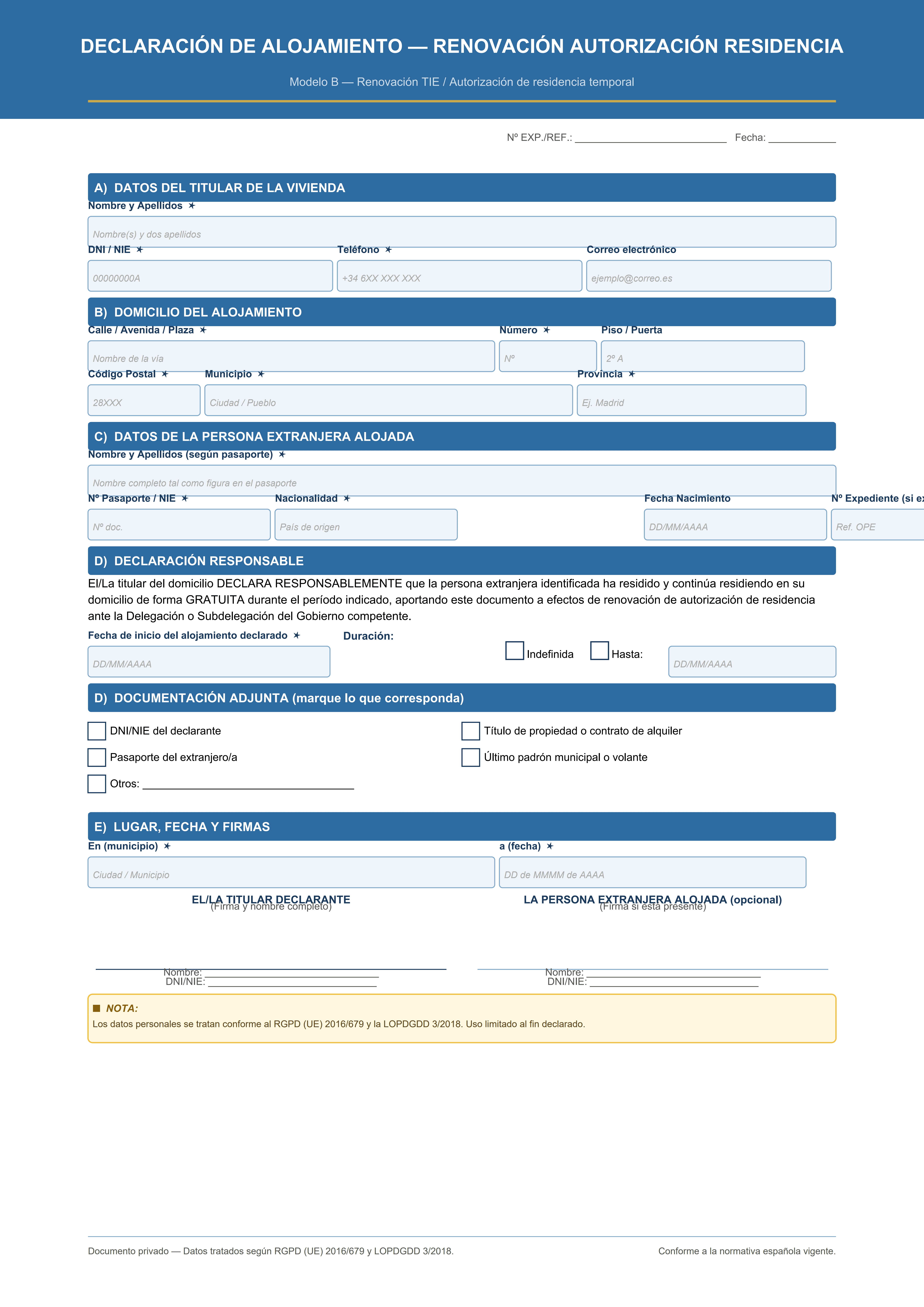 Declaración alojamiento para renovación TIE autorización residencia temporal