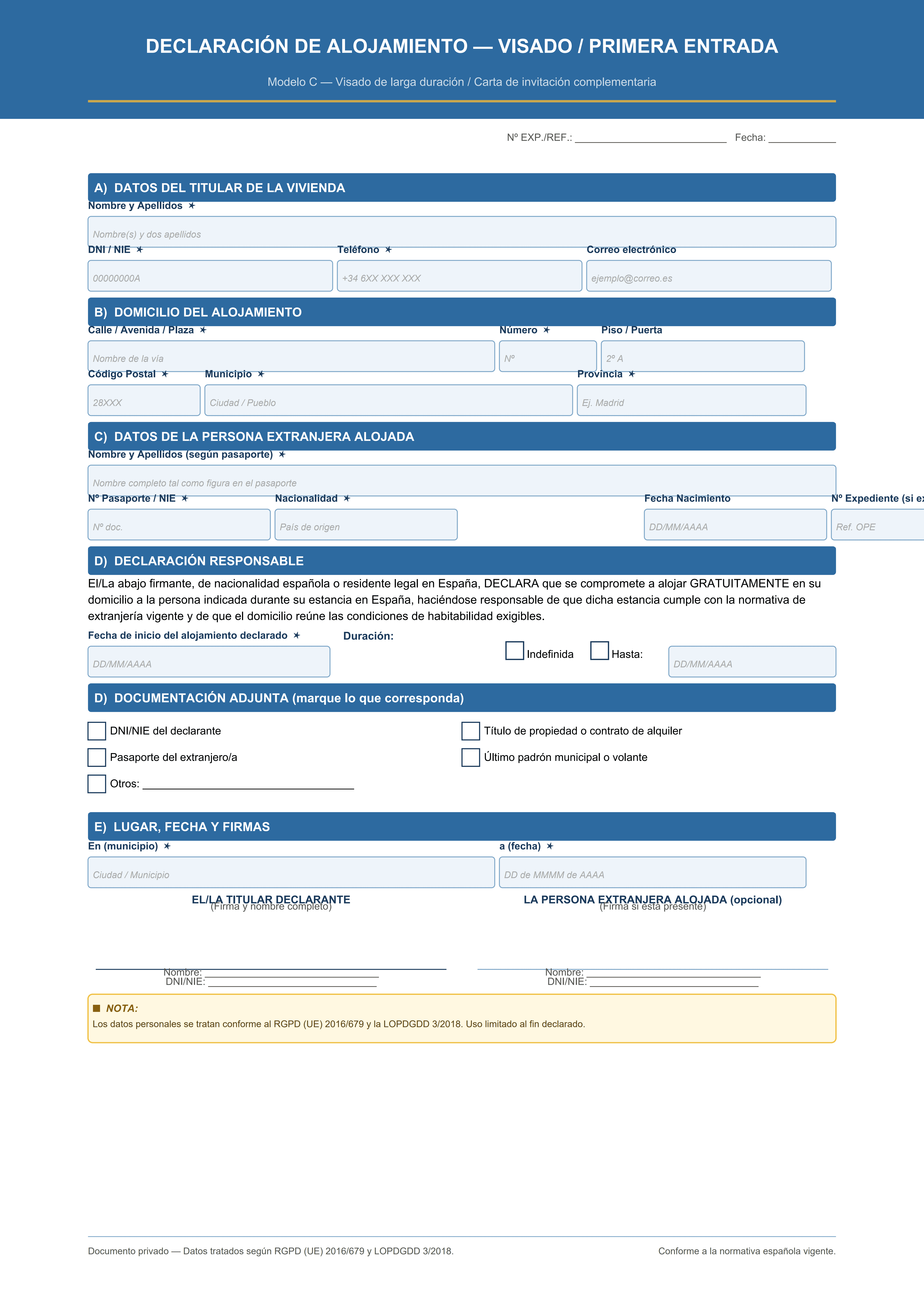 Carta de alojamiento para visado de larga duración y primera entrada