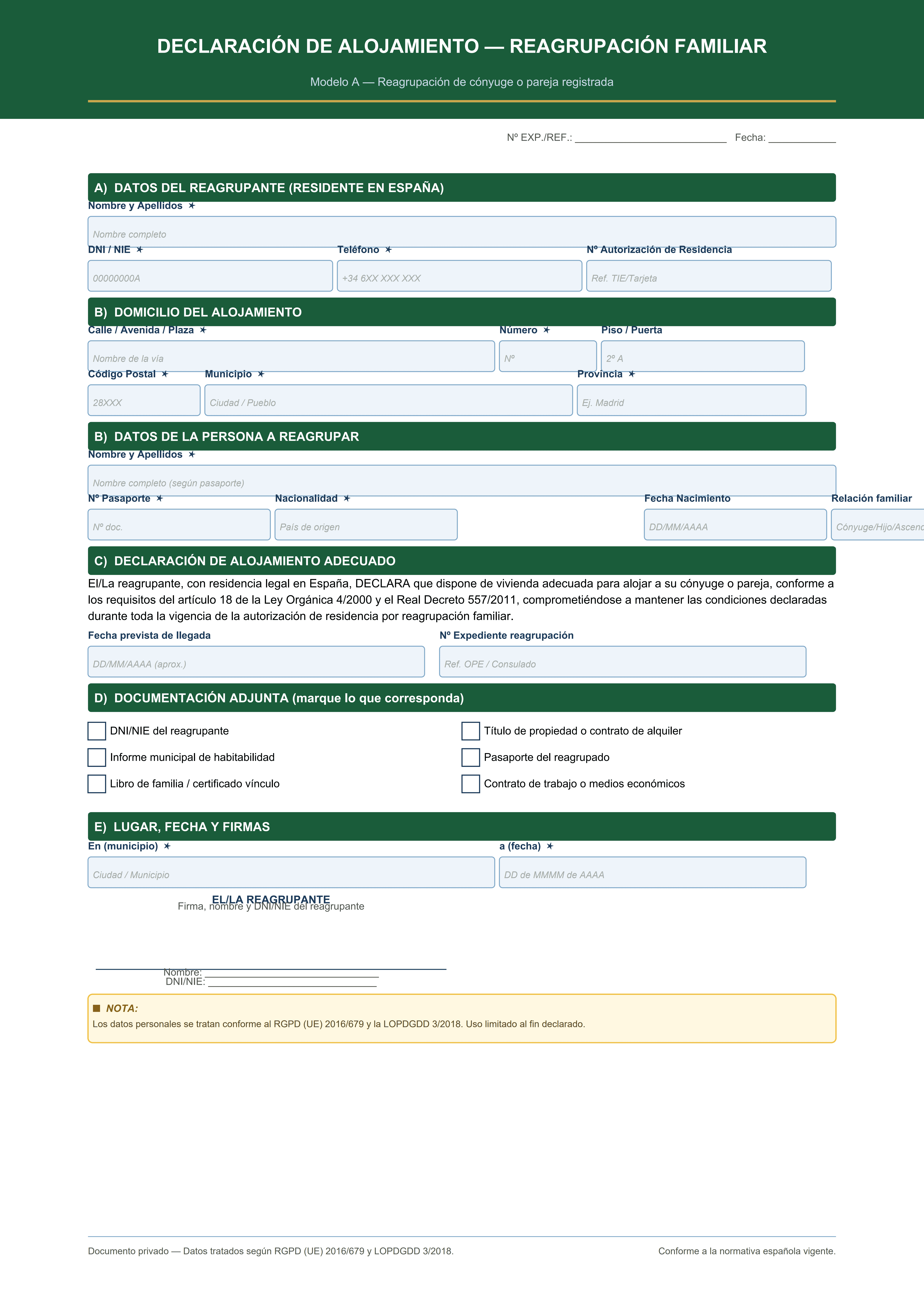 Declaración alojamiento reagrupación familiar cónyuge pareja registrada Extranjería