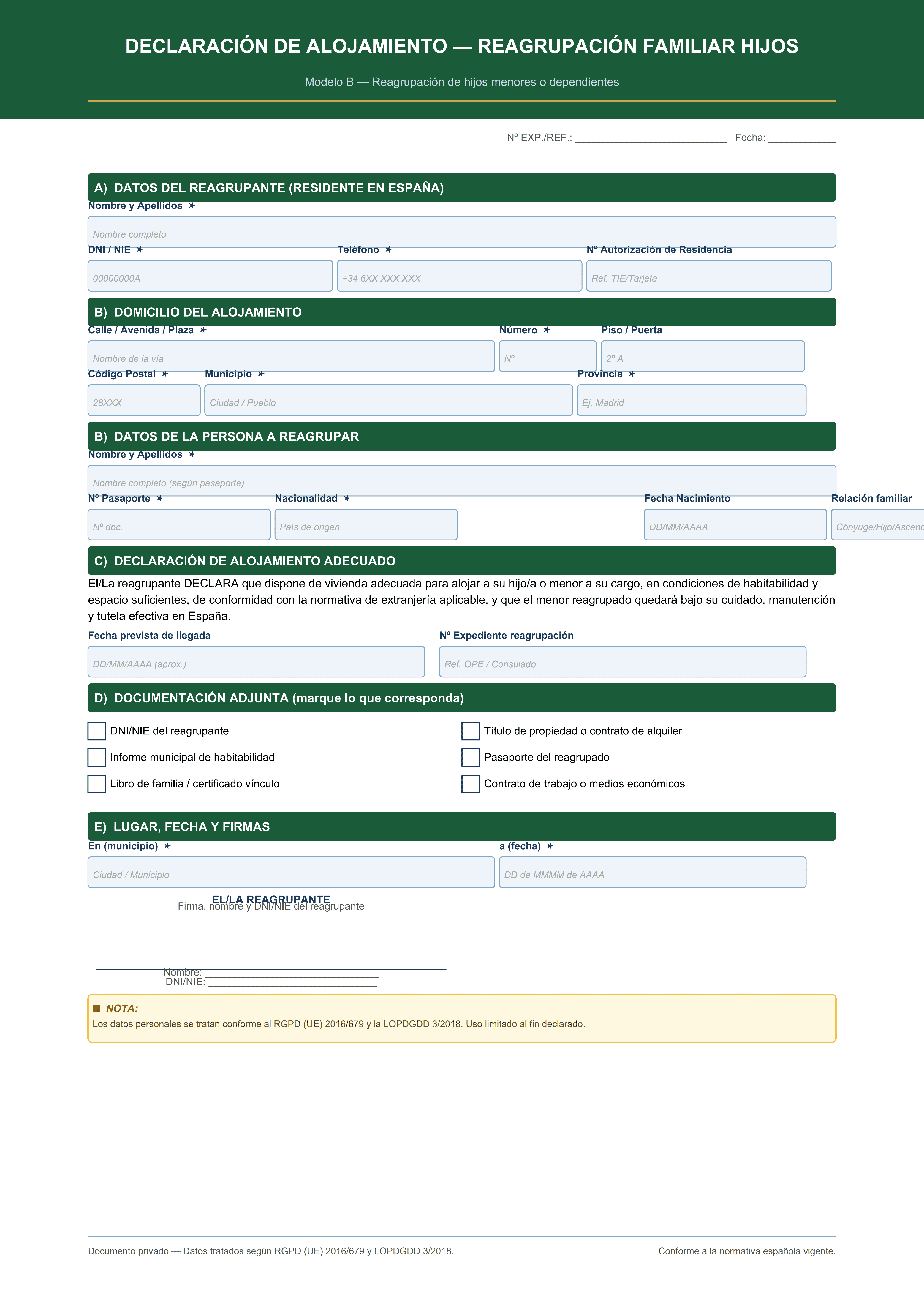 Declaración alojamiento reagrupación familiar hijos menores o dependientes PDF