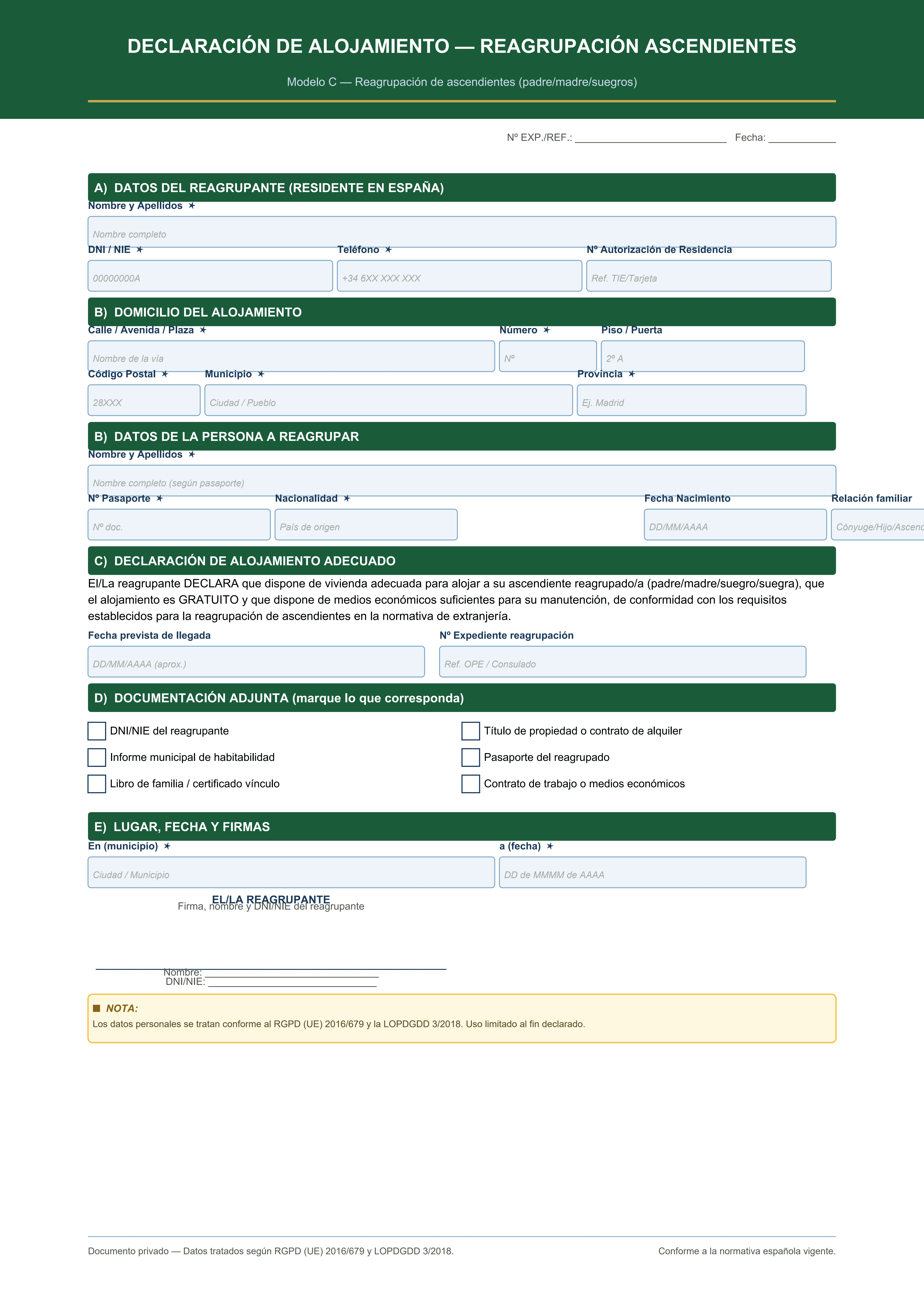 Declaración alojamiento reagrupación familiar ascendientes padres suegros dependientes