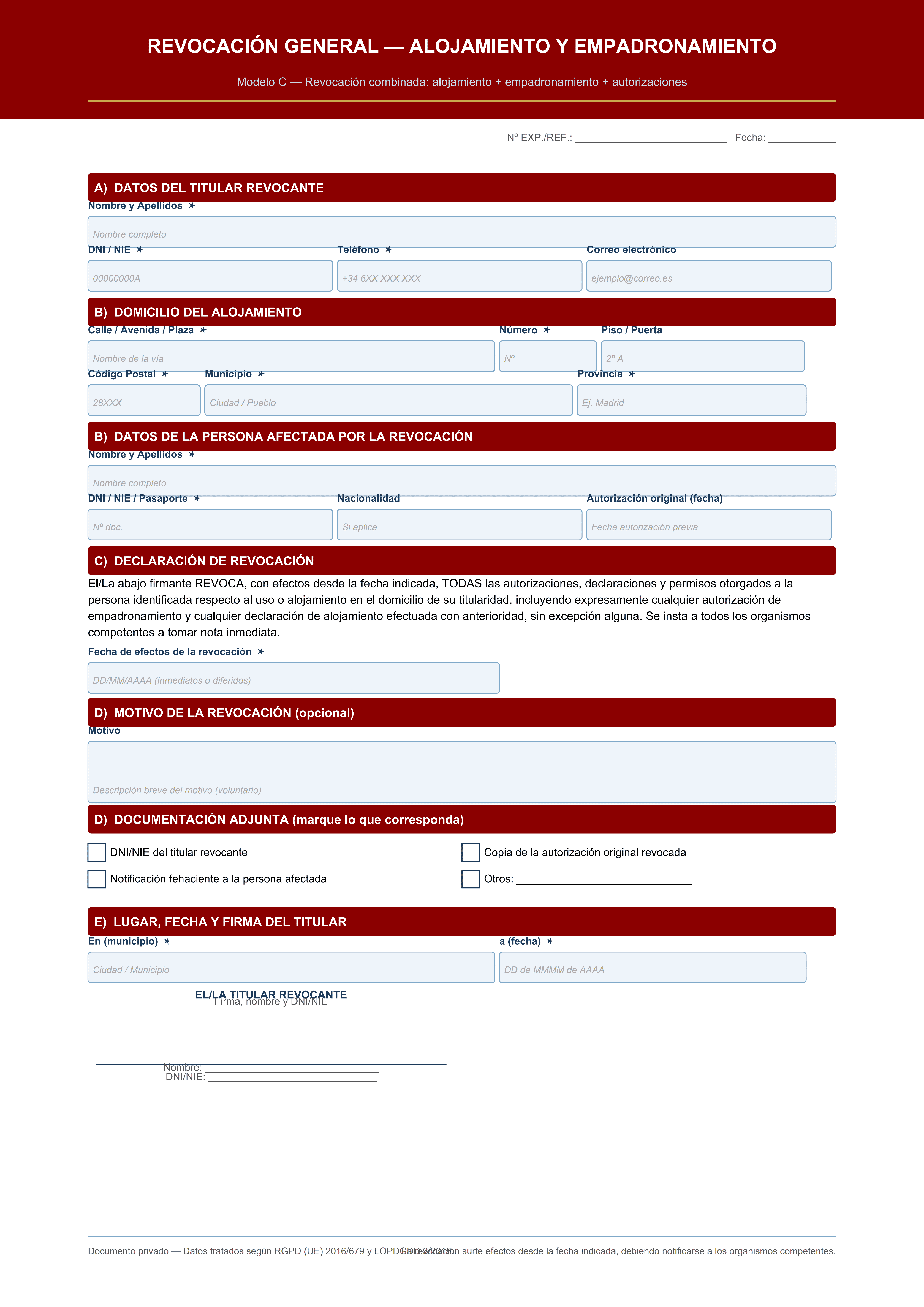 Revocación general combinada alojamiento y empadronamiento todas las autorizaciones