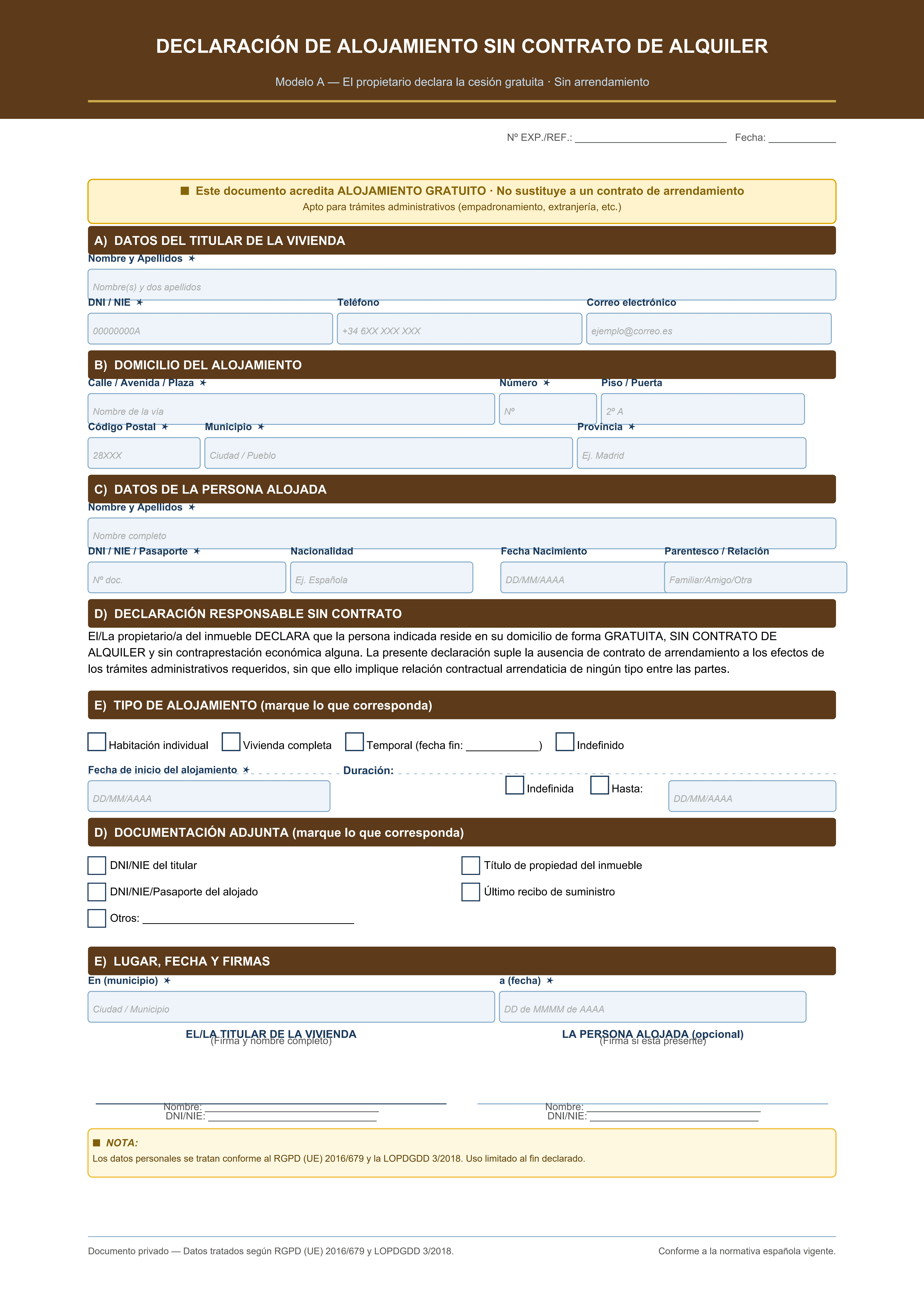 Declaración alojamiento sin contrato alquiler propietario cede gratuitamente PDF