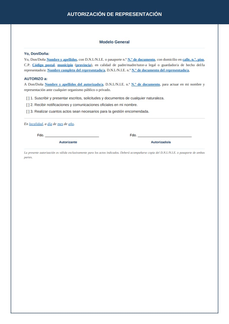 Plantilla clásica de autorización de representación general con borde azul marino y franja superior