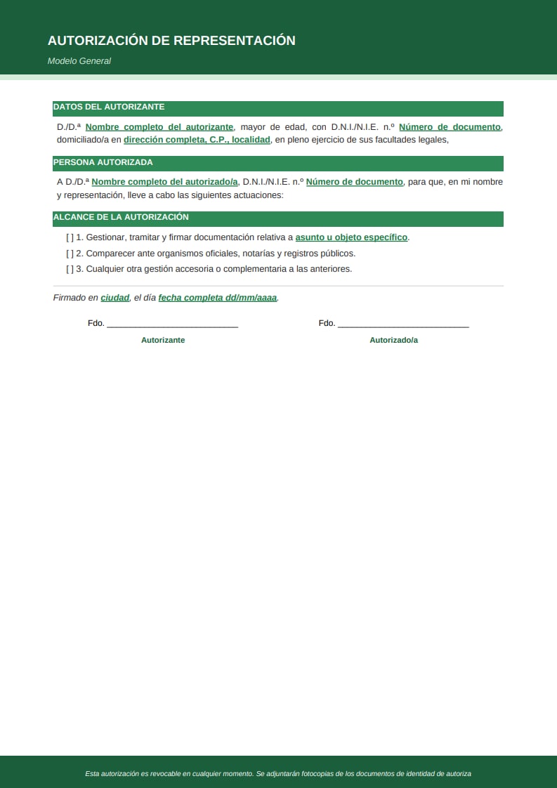 Plantilla moderna de autorización de representación general con cabecera verde y etiquetas de sección destacadas