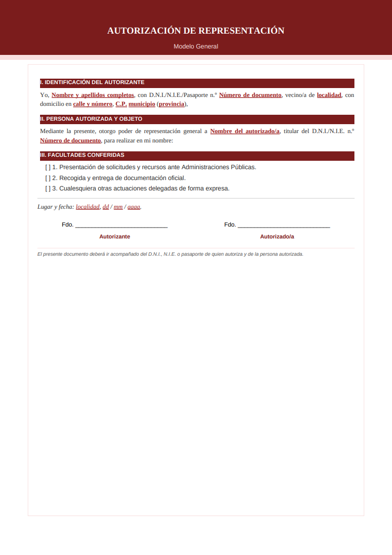Plantilla oficial de autorización de representación general con doble banda burdeos y secciones numeradas en romano