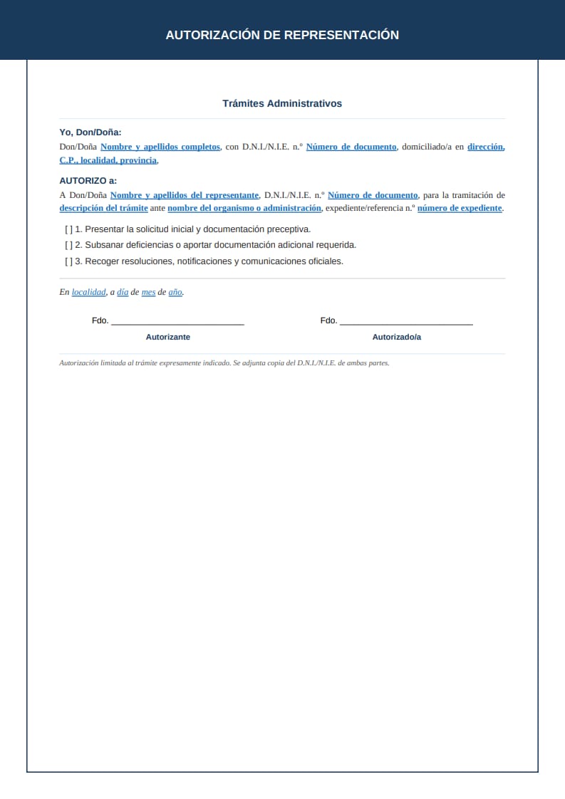 Plantilla clásica de autorización para trámites administrativos con borde azul marino y campo de número de expediente