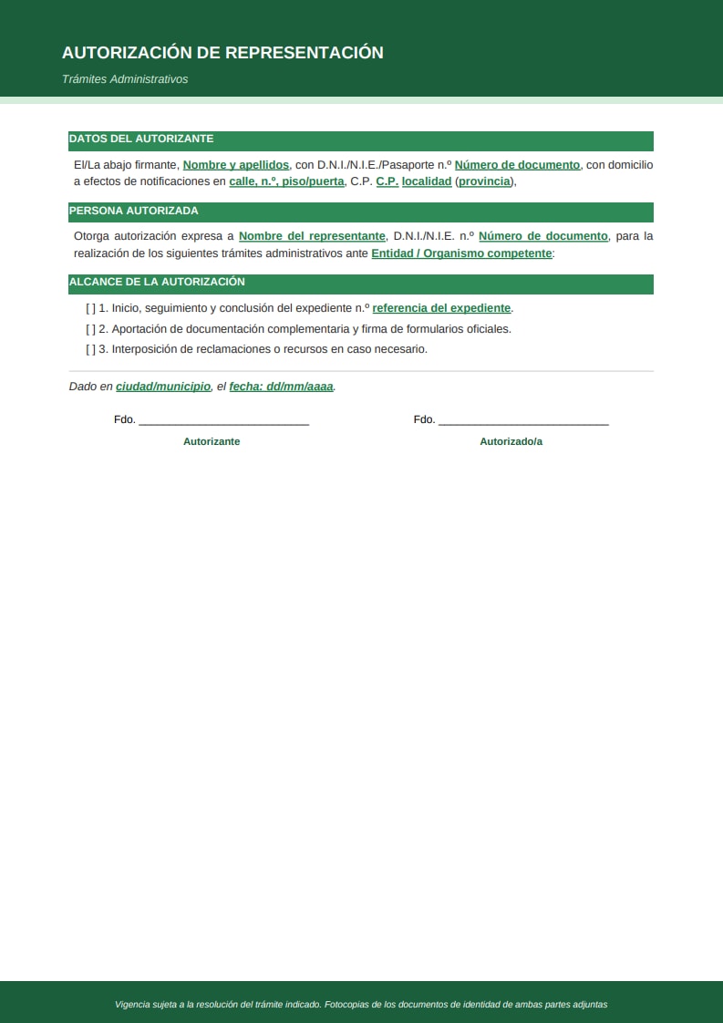 Plantilla moderna de autorización para trámites administrativos con secciones en verde y pie de página con aviso legal