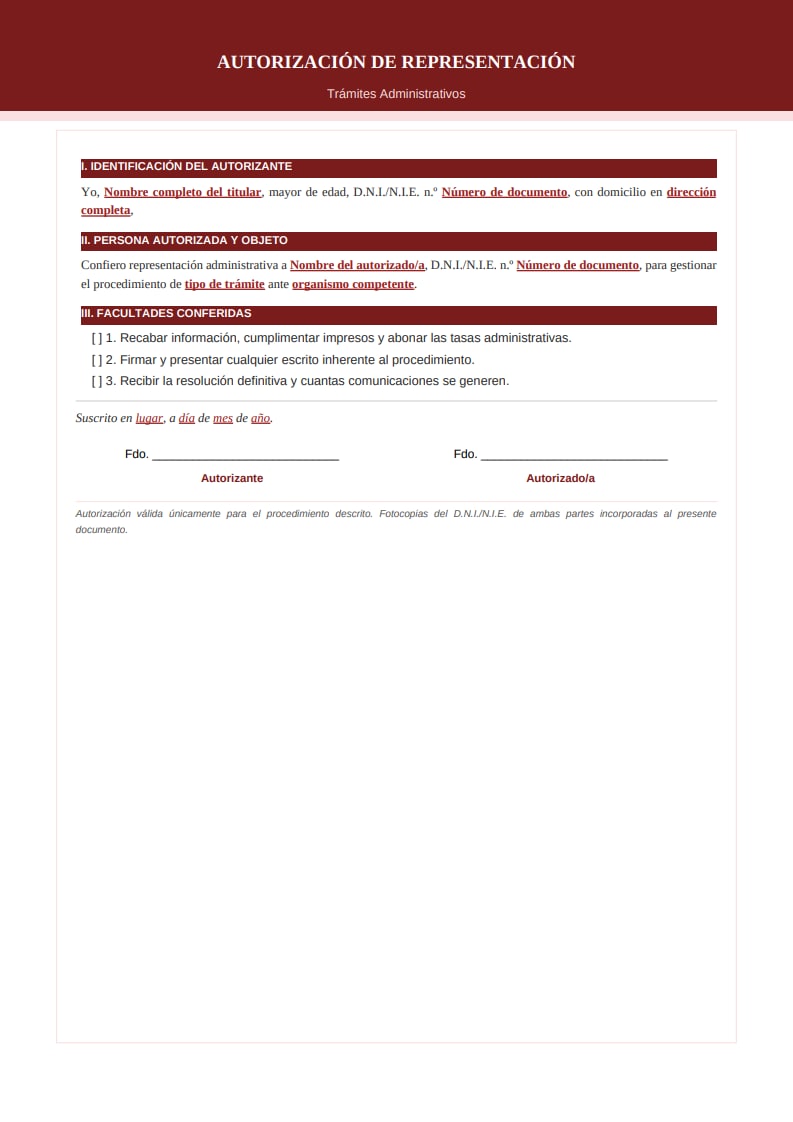 Plantilla oficial de autorización para trámites administrativos con bandas burdeos y estructura numerada tipo documento público