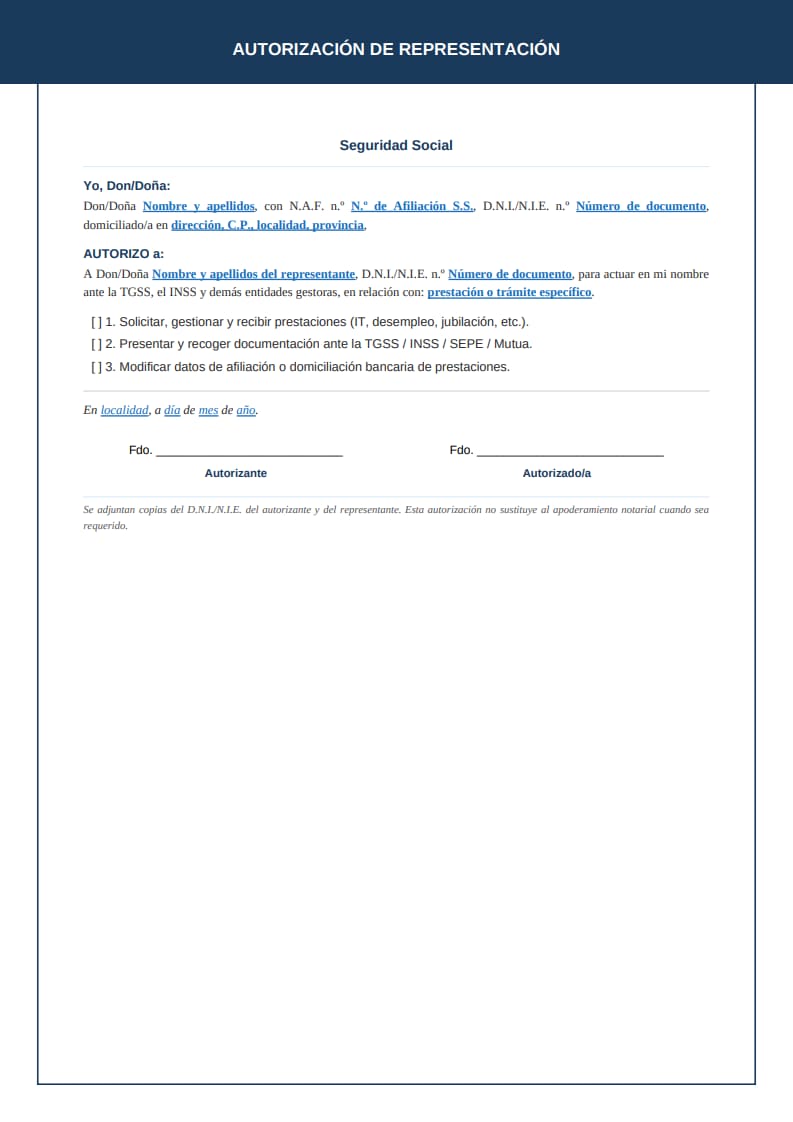 Plantilla clásica de autorización para la Seguridad Social con campo NAF y diseño azul marino en una página