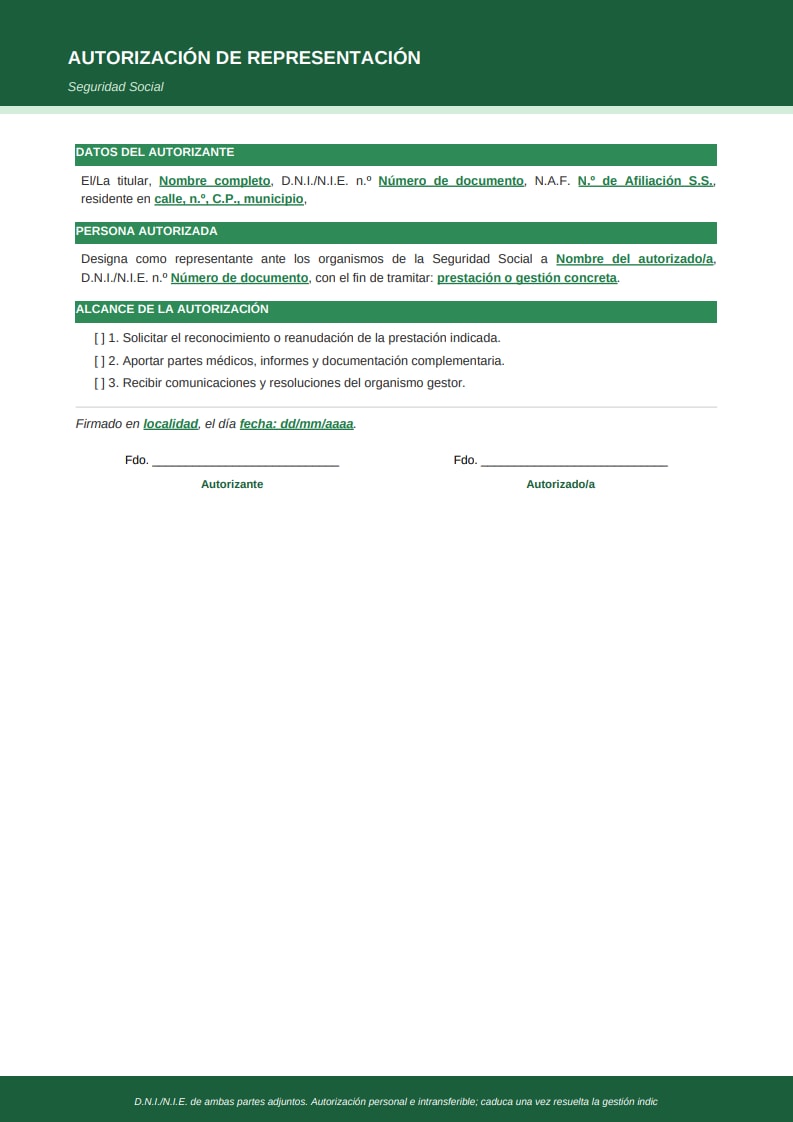 Plantilla moderna de autorización para la Seguridad Social con secciones en verde y estructura para INSS y SEPE