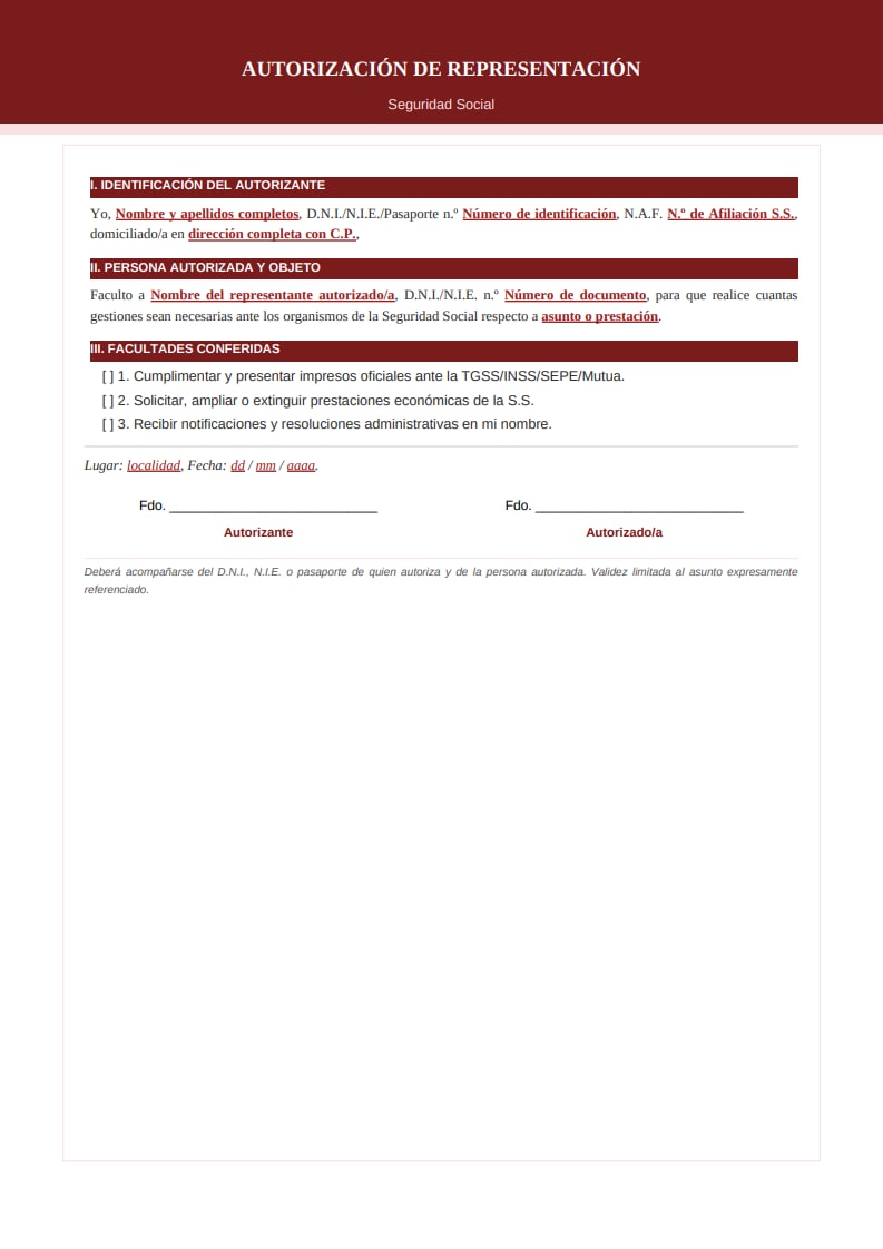 Plantilla oficial de autorización para la Seguridad Social con doble banda burdeos, secciones numeradas y cláusula de validez limitada