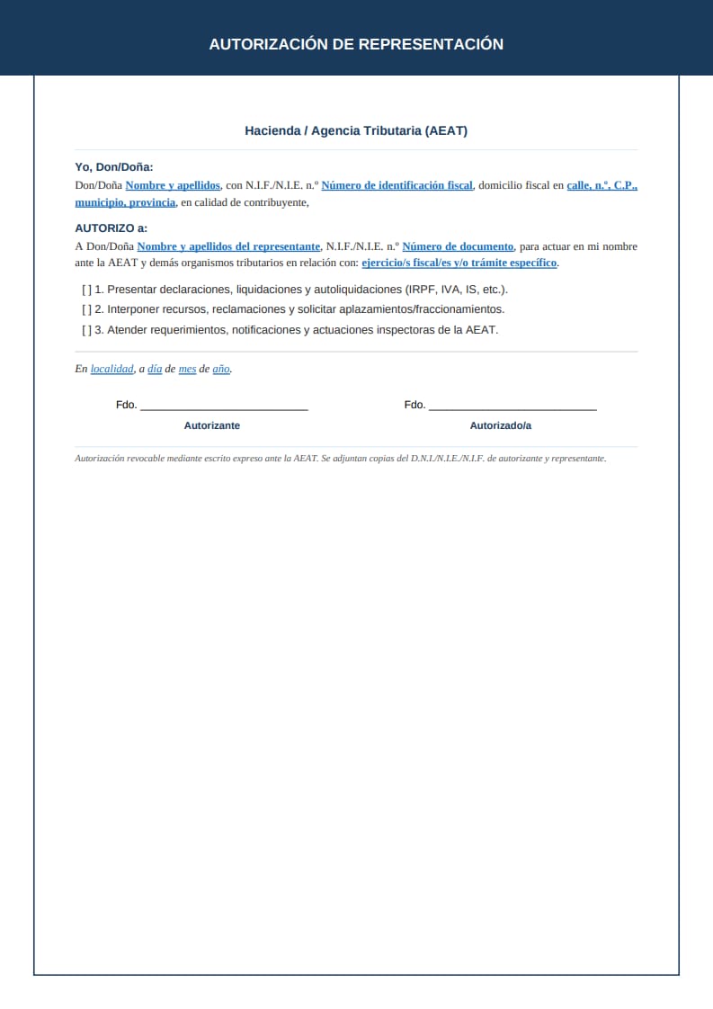 Plantilla clásica de autorización ante la AEAT con campo NIF fiscal, mención a la Ley General Tributaria y diseño azul marino