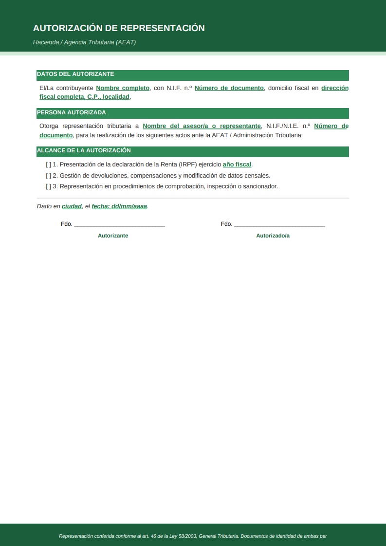 Plantilla moderna de autorización fiscal ante la AEAT con secciones en verde y cita al artículo 46 de la Ley 58/2003