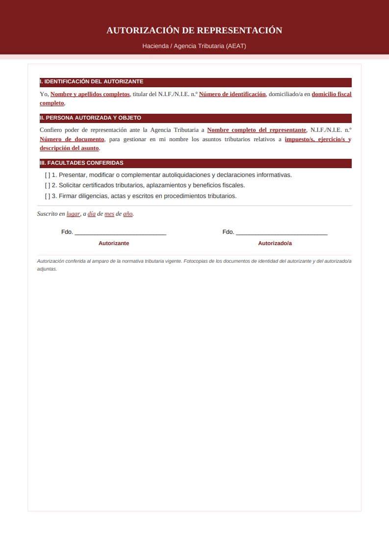 Plantilla oficial de autorización tributaria ante Hacienda con estructura numerada burdeos e incluye facultad de inspección