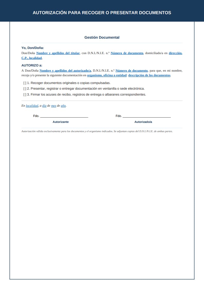 Plantilla clásica de autorización para recoger documentos con campo de referencia de expediente y diseño azul marino