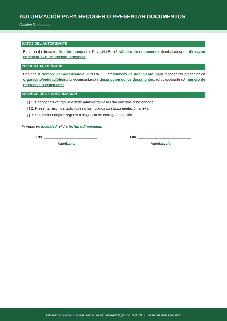 Plantilla moderna de autorización para recoger documentos con secciones verdes y campo de número de expediente o referencia