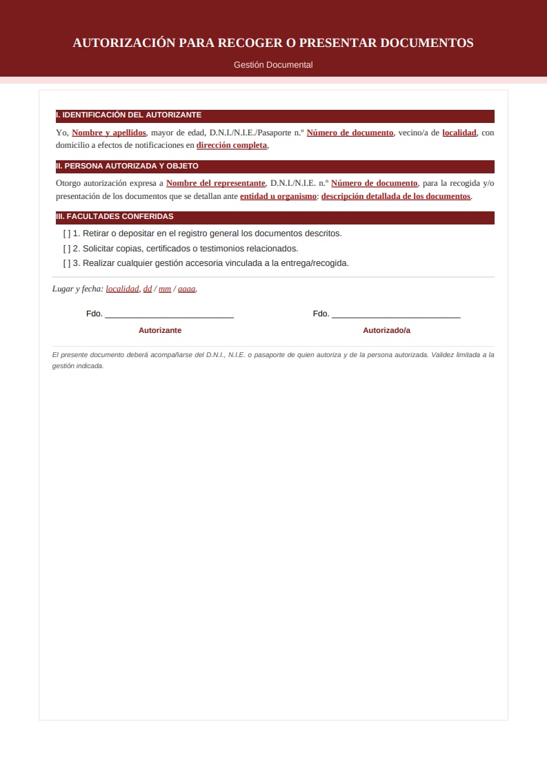 Plantilla oficial de autorización para recoger documentos con doble banda burdeos y estructura en tres secciones numeradas