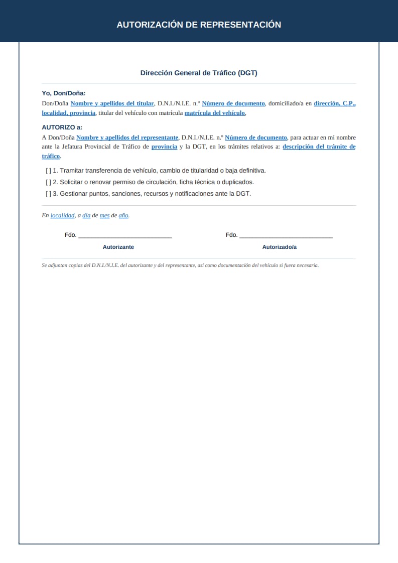 Plantilla clásica de autorización ante la DGT con campo de matrícula del vehículo, diseño azul marino y referencia al RDL 6/2015