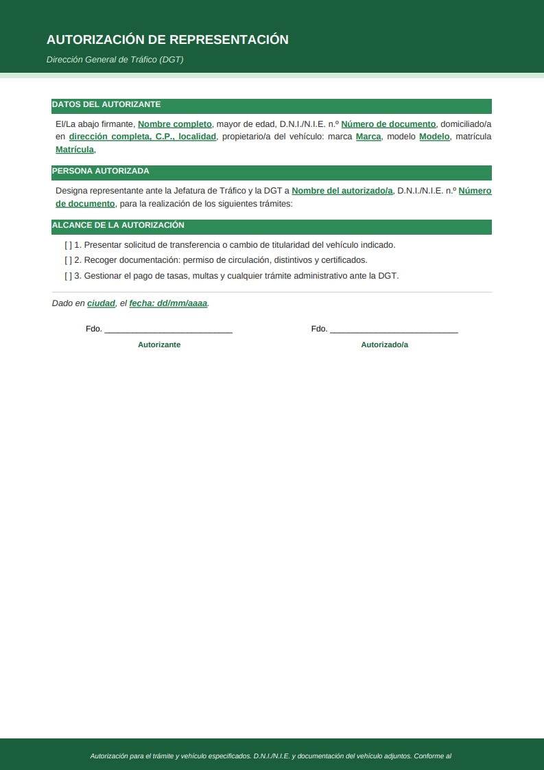 Plantilla moderna de autorización ante la DGT con secciones en verde, datos del vehículo y cita al RDL 6/2015 de Tráfico