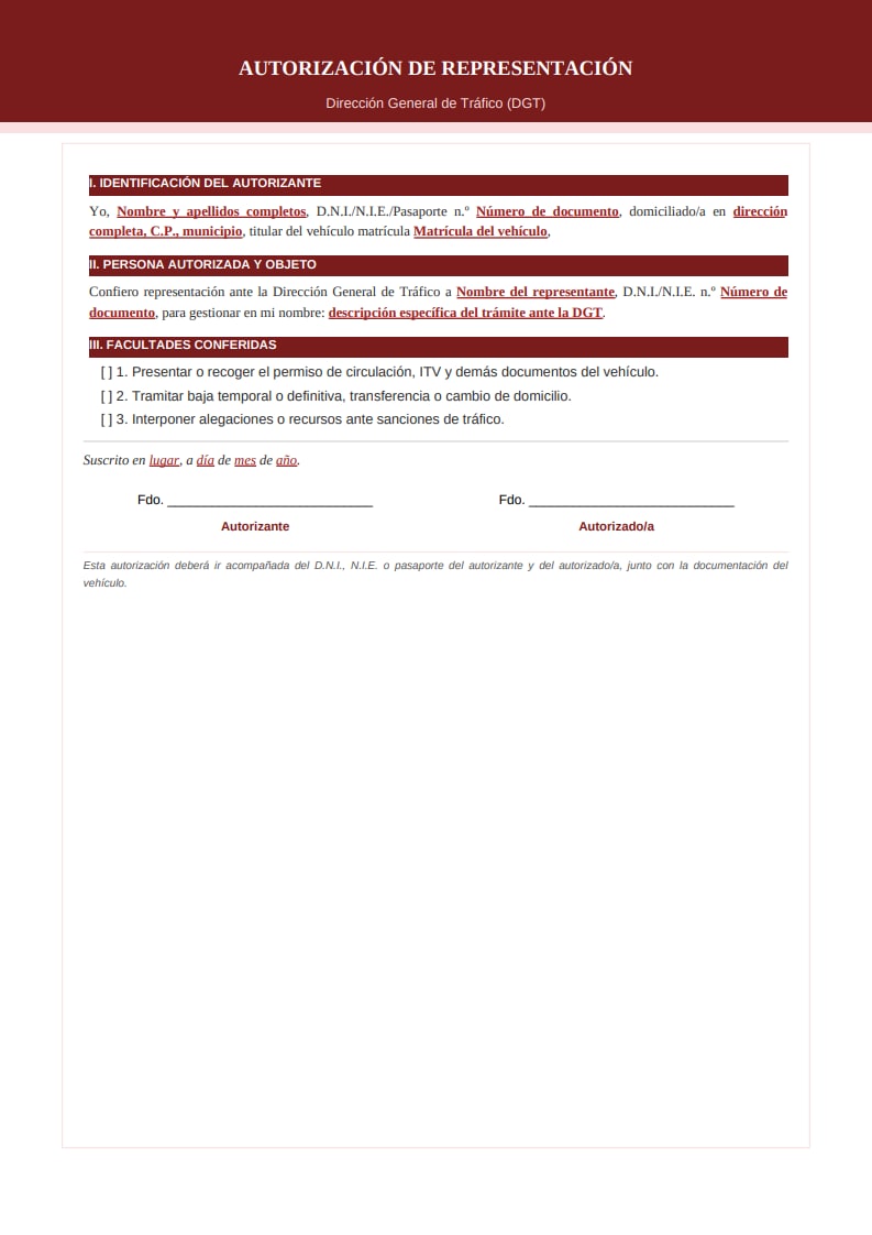 Plantilla oficial de autorización ante la DGT con doble banda burdeos, secciones numeradas e incluye facultad para alegaciones a multas