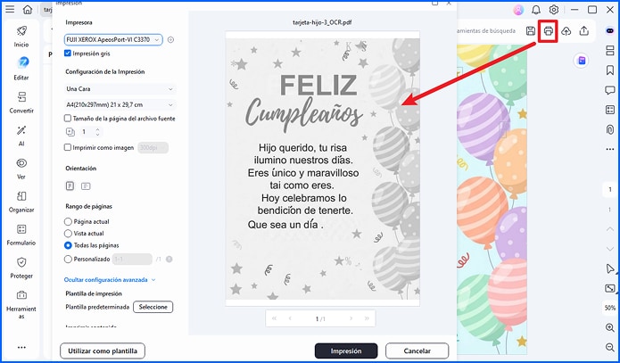 Imprime o envía la tarjeta a tus familiares y amigos