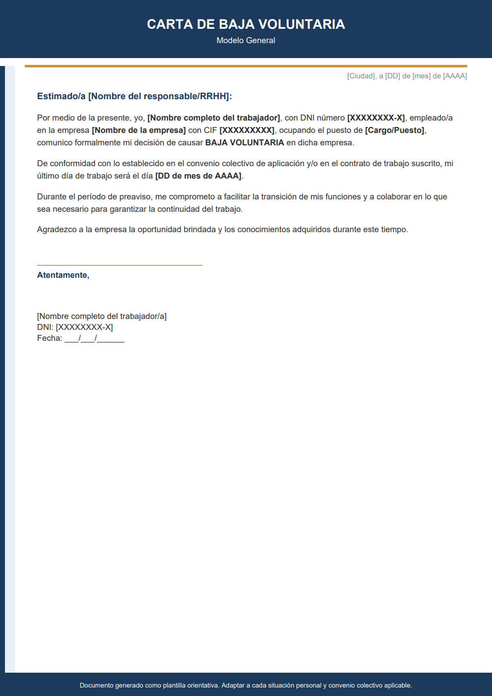 Modelo estándar de carta de baja voluntaria estilo corporativo azul marino y dorado
