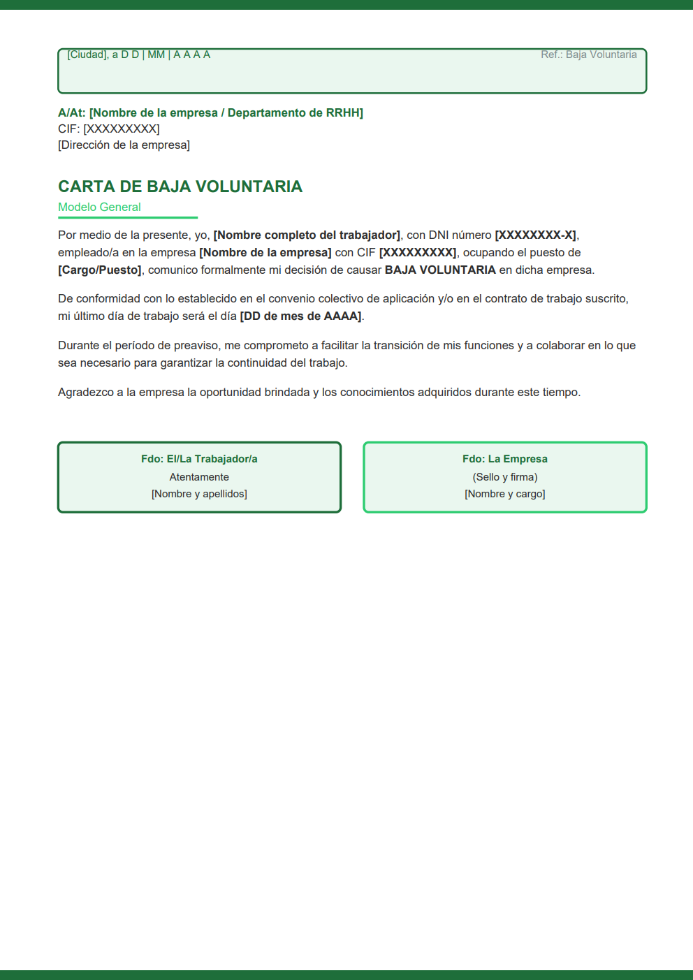 Modelo de carta de baja voluntaria estilo moderno verde con recuadros de referencia