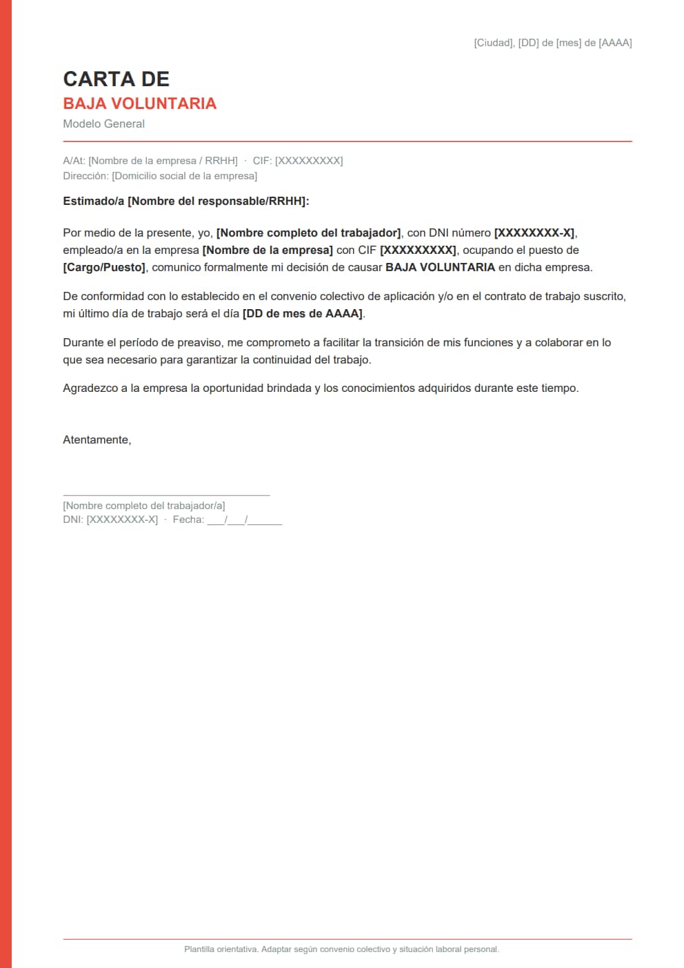 Modelo de carta de baja voluntaria estilo minimalista barra roja lateral tipografía limpia