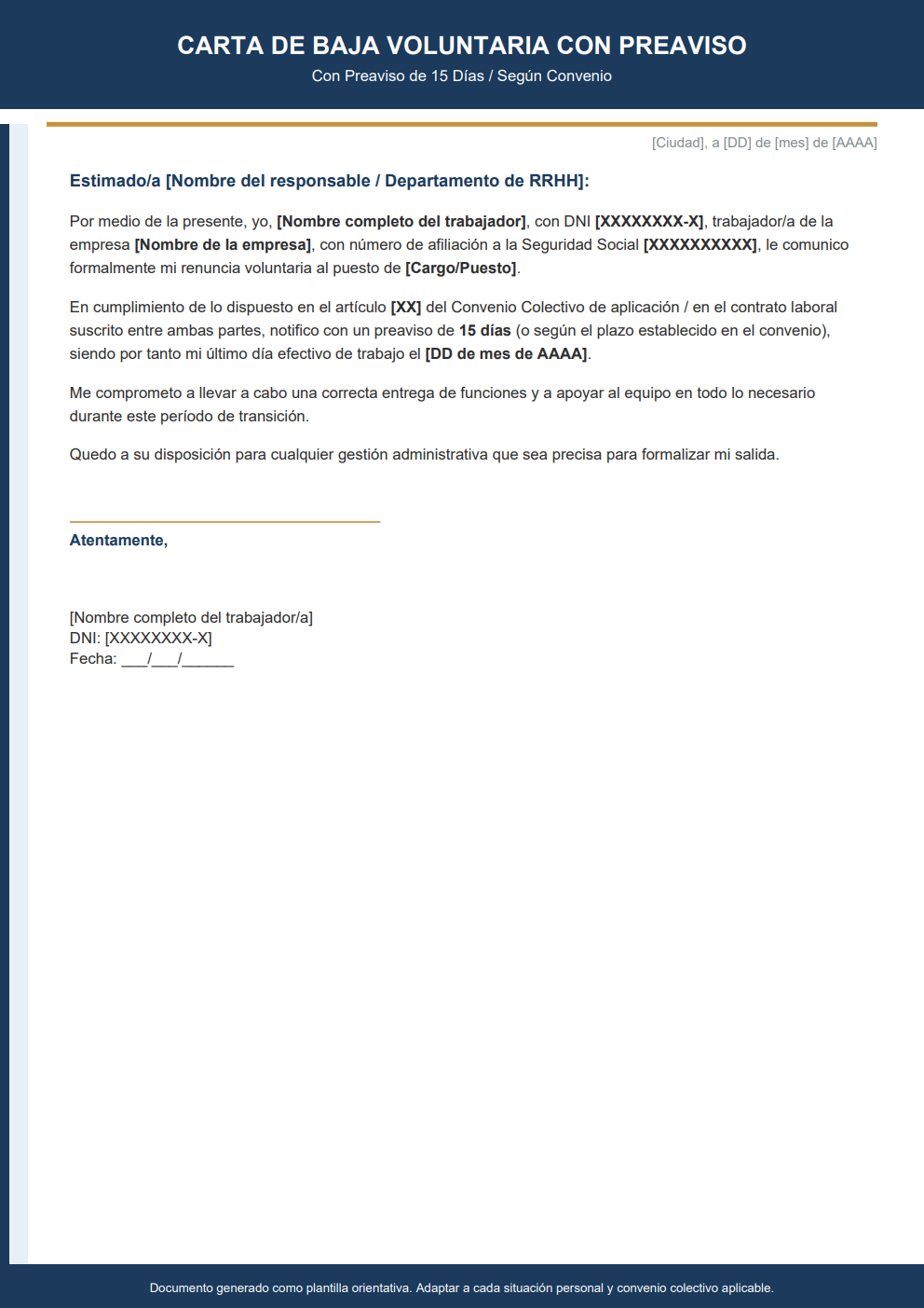 Carta de baja voluntaria con preaviso de 15 días según convenio estilo corporativo azul