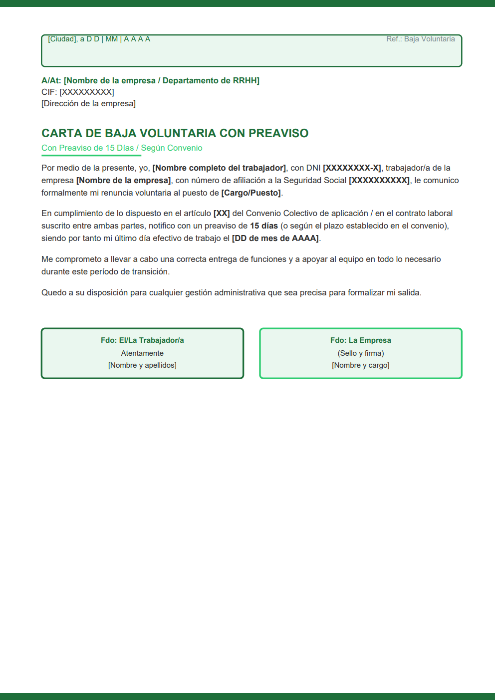 Carta de baja voluntaria con preaviso según convenio diseño moderno verde
